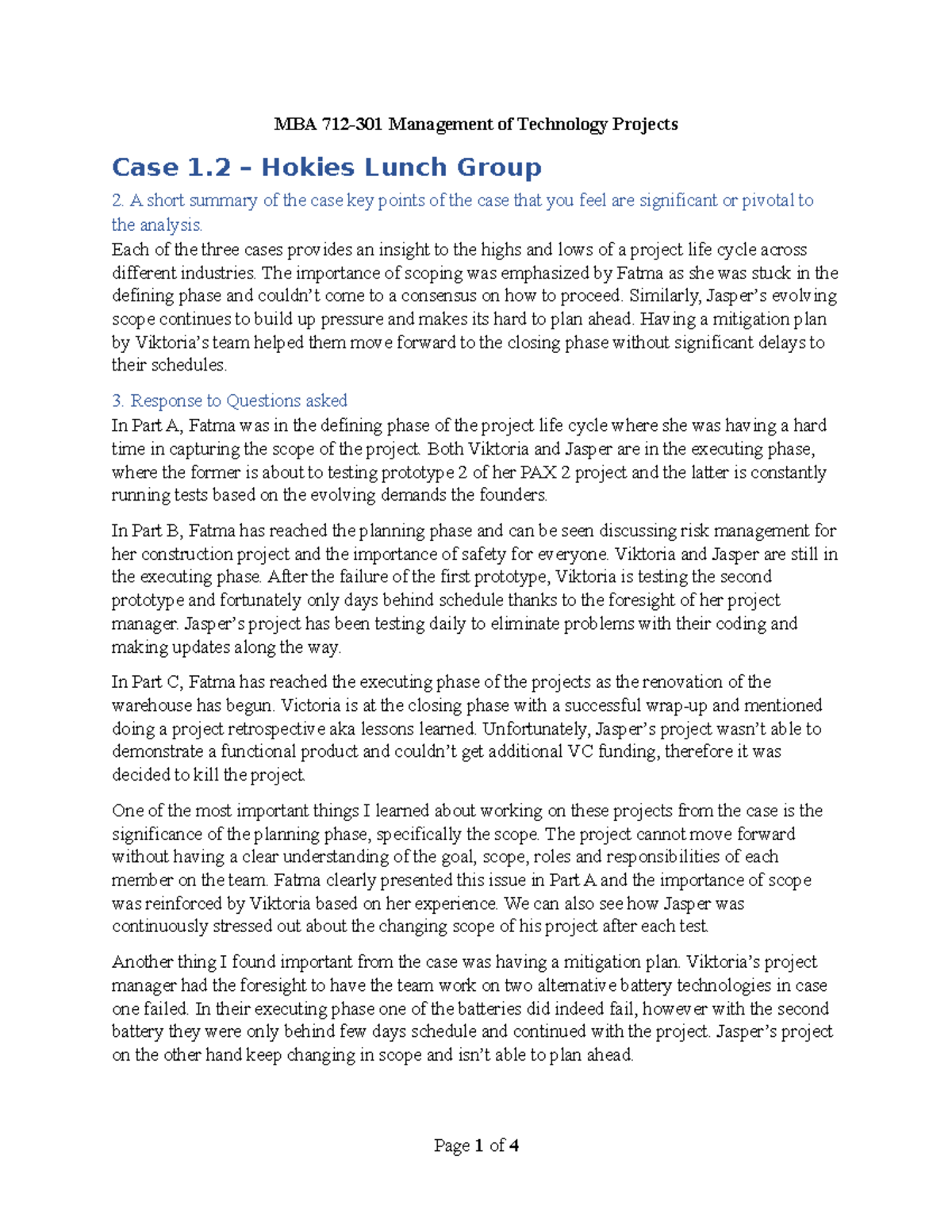 MBA 712 Week 1 - Case Study Analysis and Insights on Project Management ...