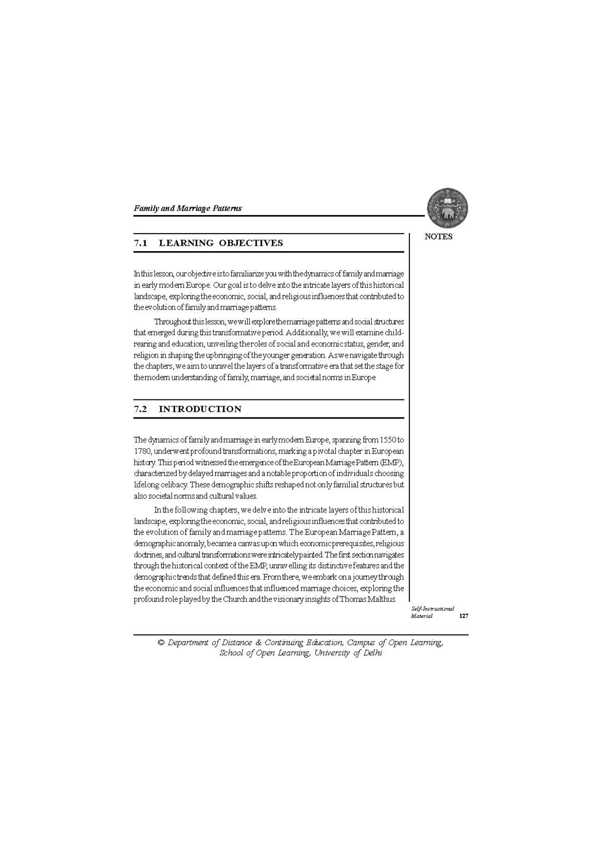 Family and Marriage Patterns in Early Modern Europe: BA(P) SOL Notes ...