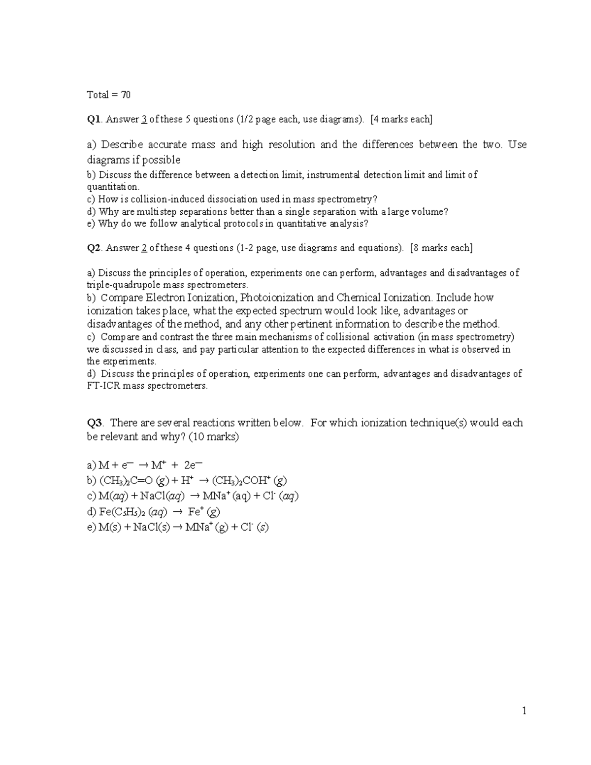 Final Exam - Mass Spectrometry Concepts and Techniques (CHEM 101) - Studocu