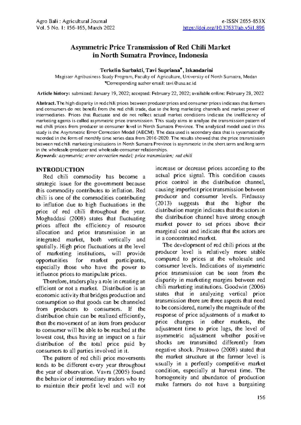 Asymmetric Price Transmission Analysis of Red Chili Market in North ...