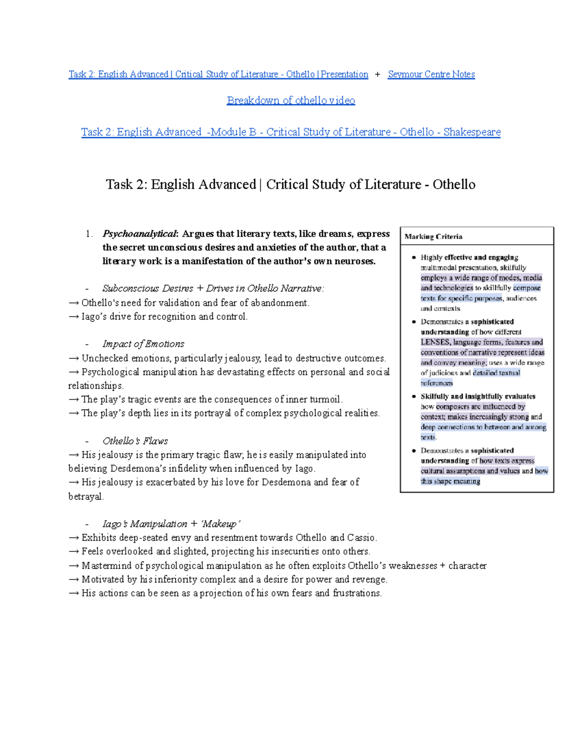 Task 2: English Advanced Critical Study of Literature - Othello ...