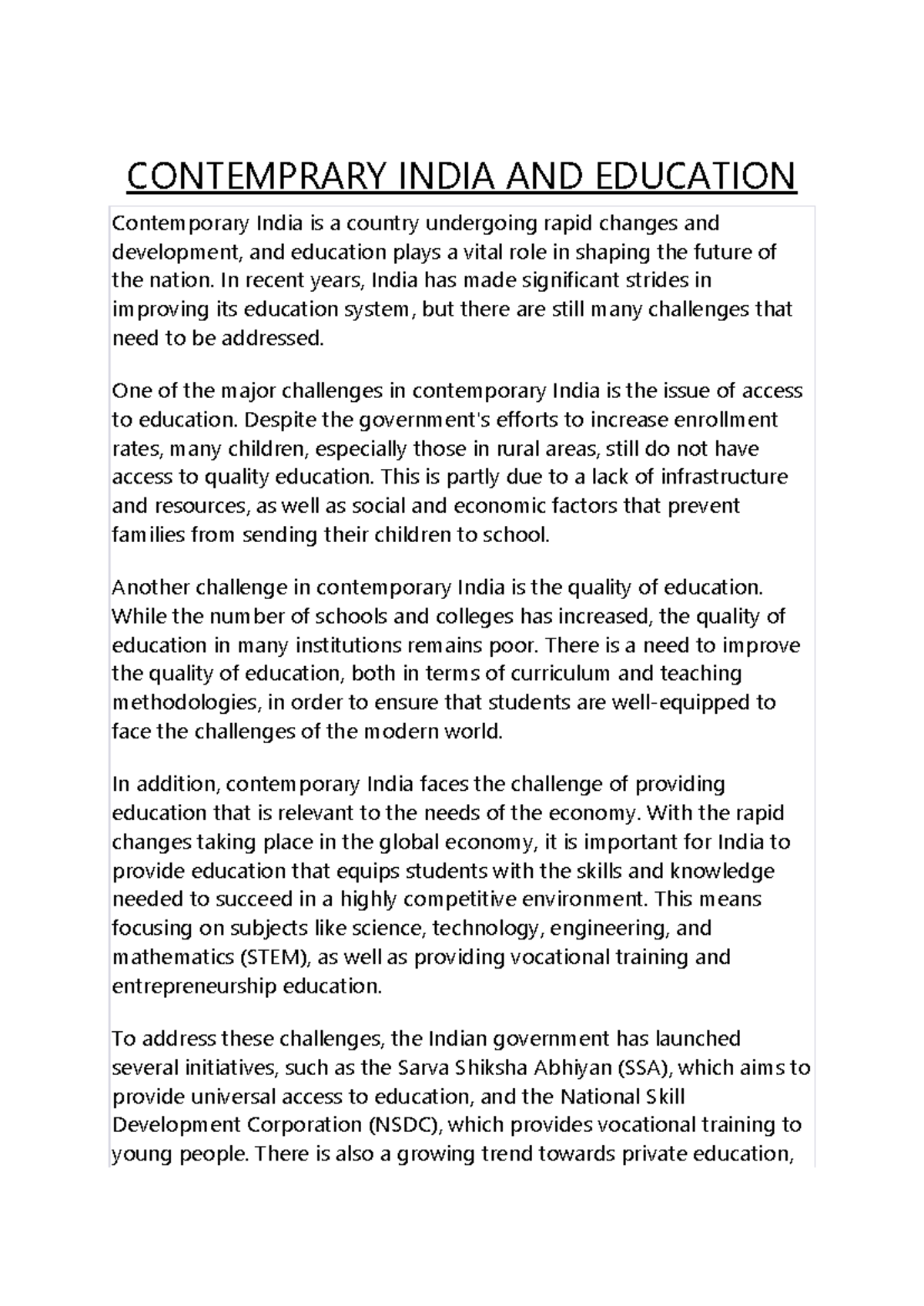 Contemporary India: Challenges and Innovations in Education - Studocu