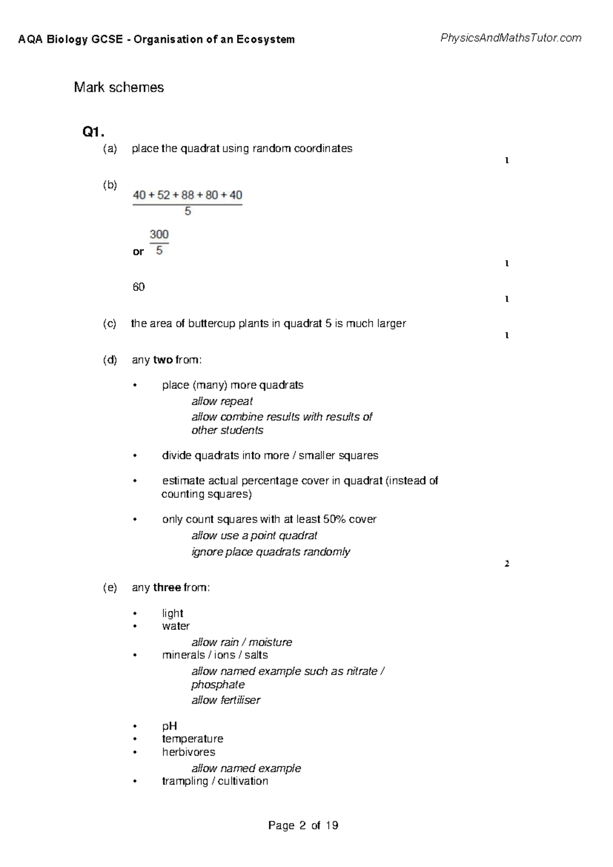 AQA Biology GCSE 7.2 Organisation of an Ecosystem Mark Scheme - Studocu