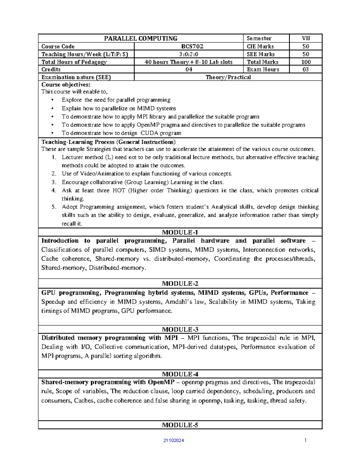 Syllabus for BCS702: Parallel Computing Course Overview and Assessment ...