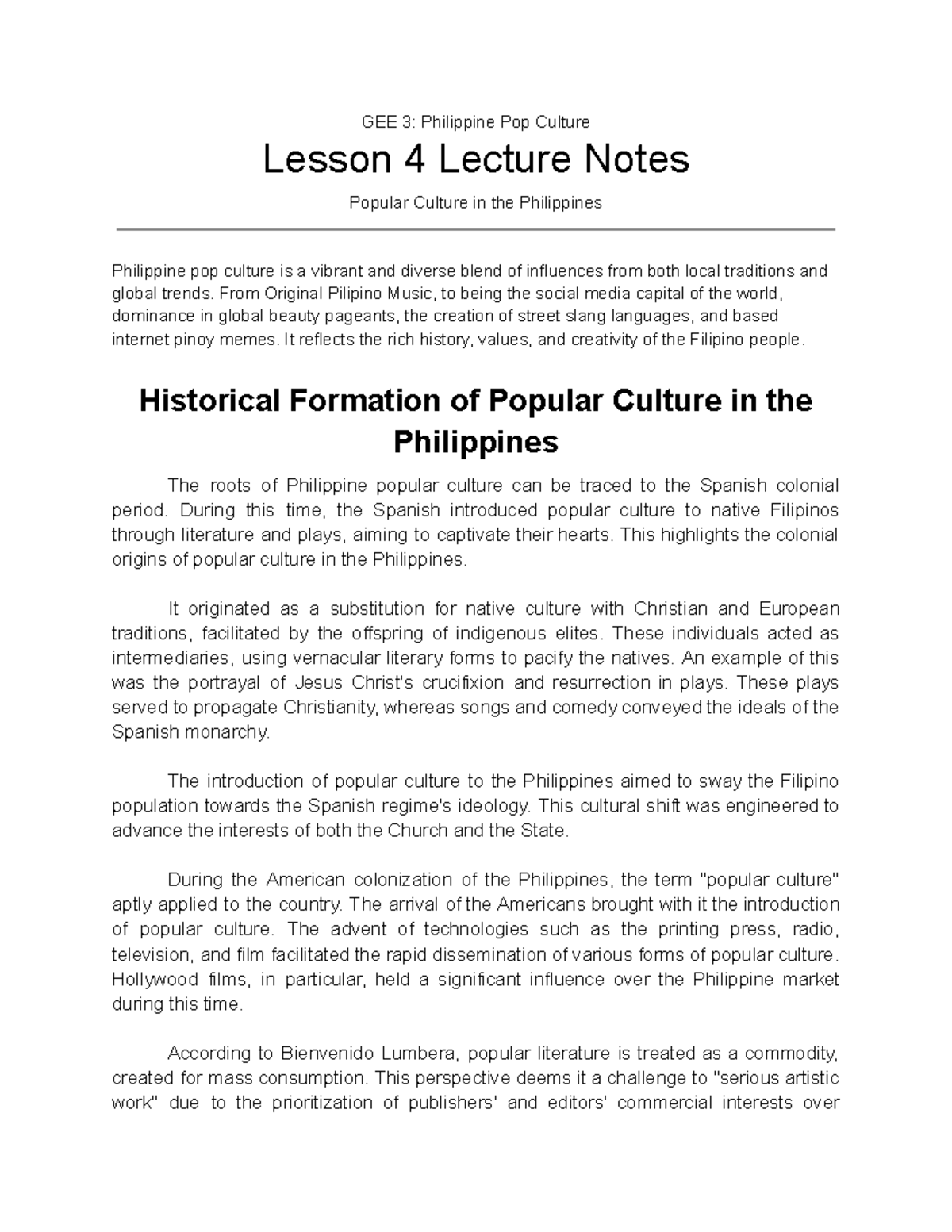 GEE 3 Lecture 4 Notes - this will help - GEE 3: Philippine Pop Culture ...