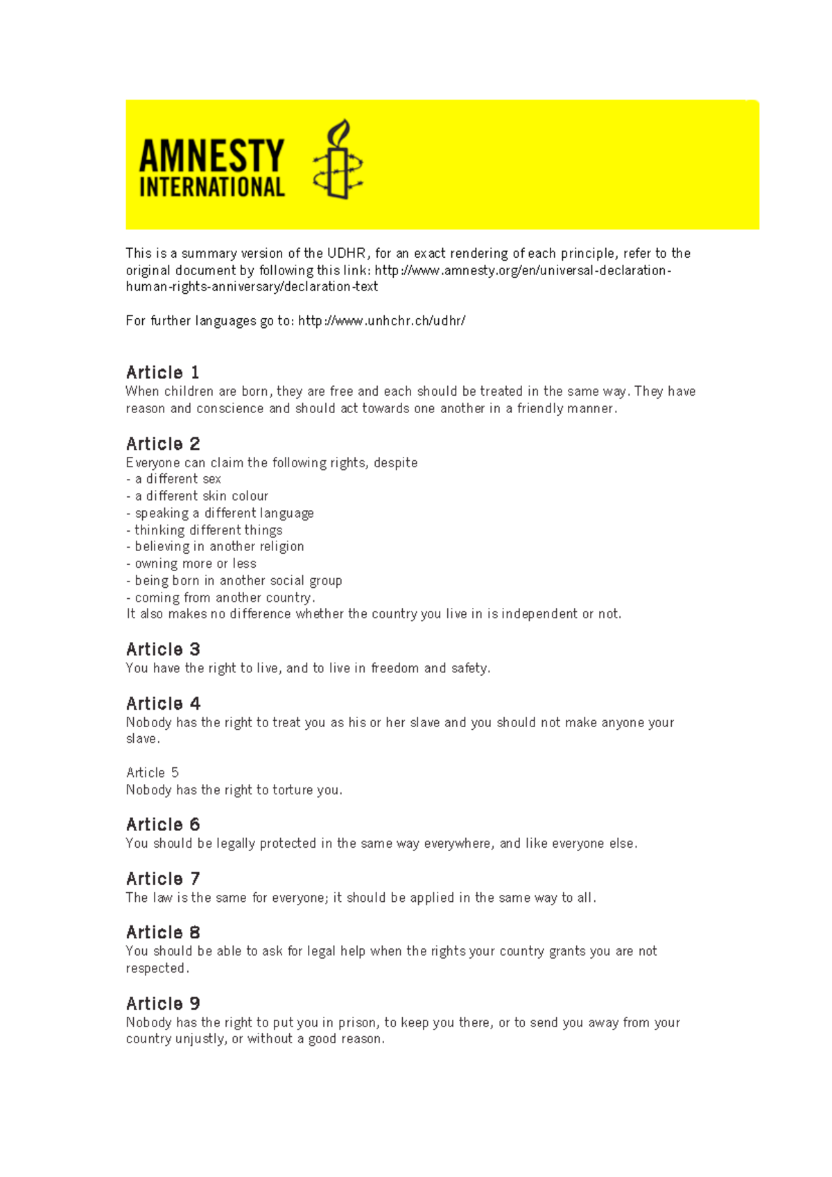 UDHR Summary Notes: Simplified Overview of Human Rights Articles - Studocu