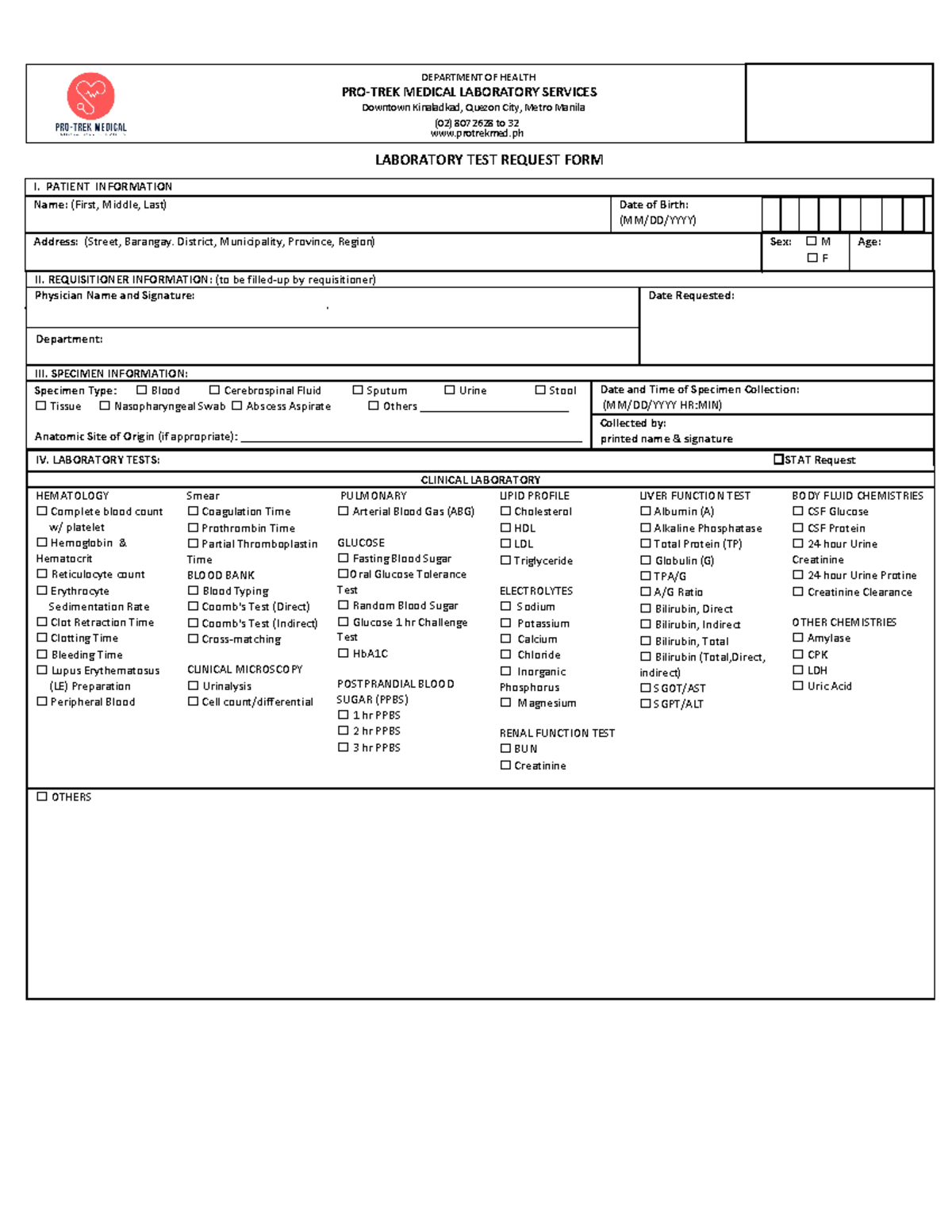 Medical Laboratory Services Requisition Form - Pro-Trek Lab - Studocu
