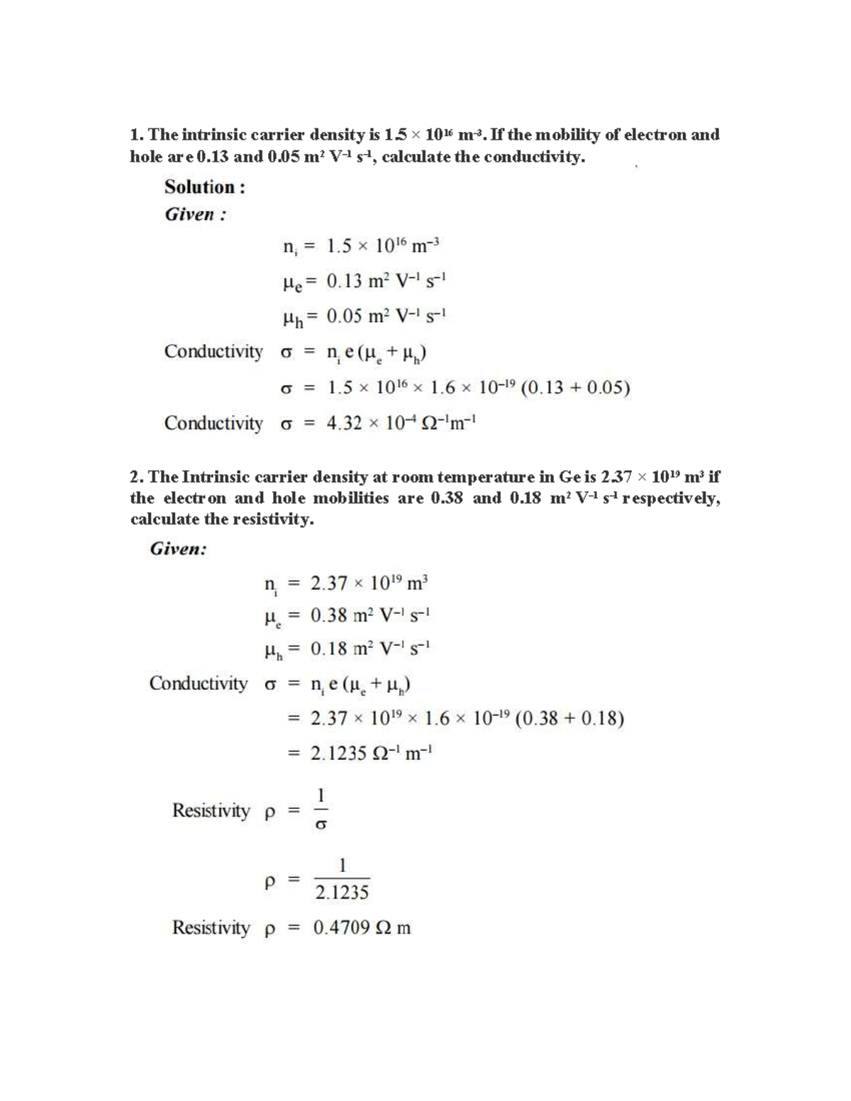 Solved Numericals on Semiconductor Physics (ENGR 301) - Studocu