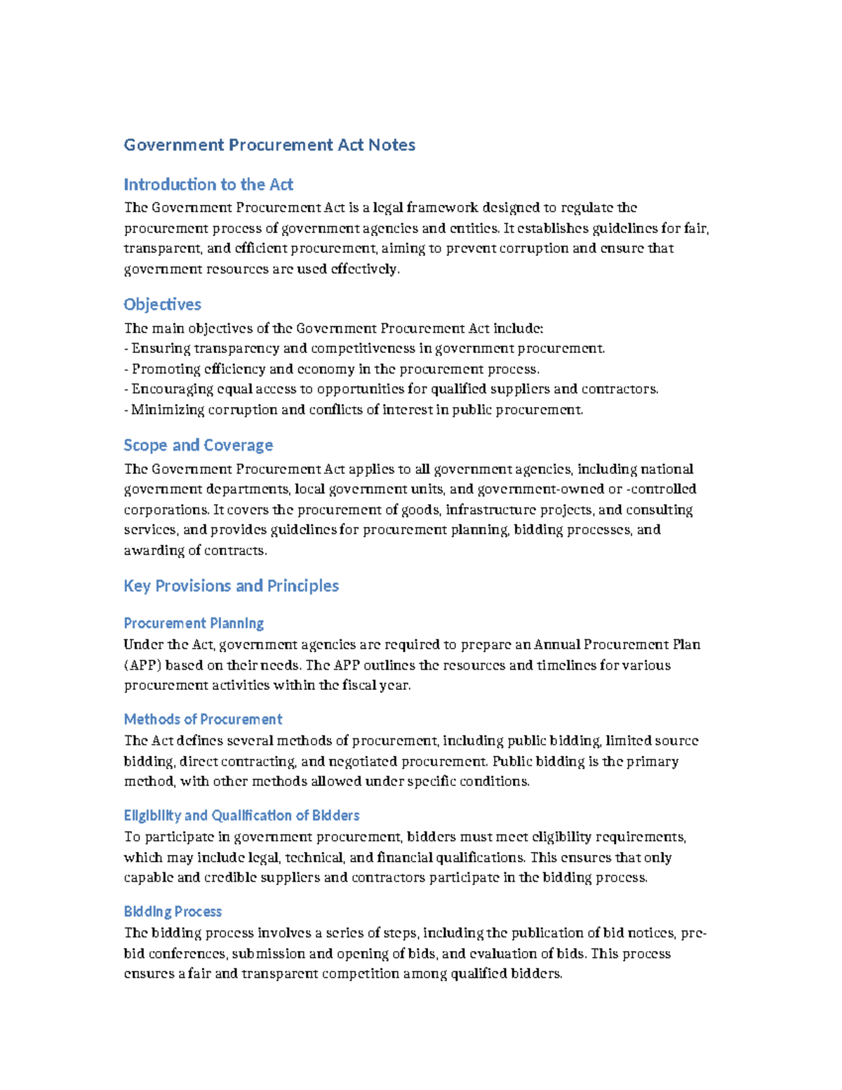 Government Procurement Act Notes - It establishes guidelines for fair ...