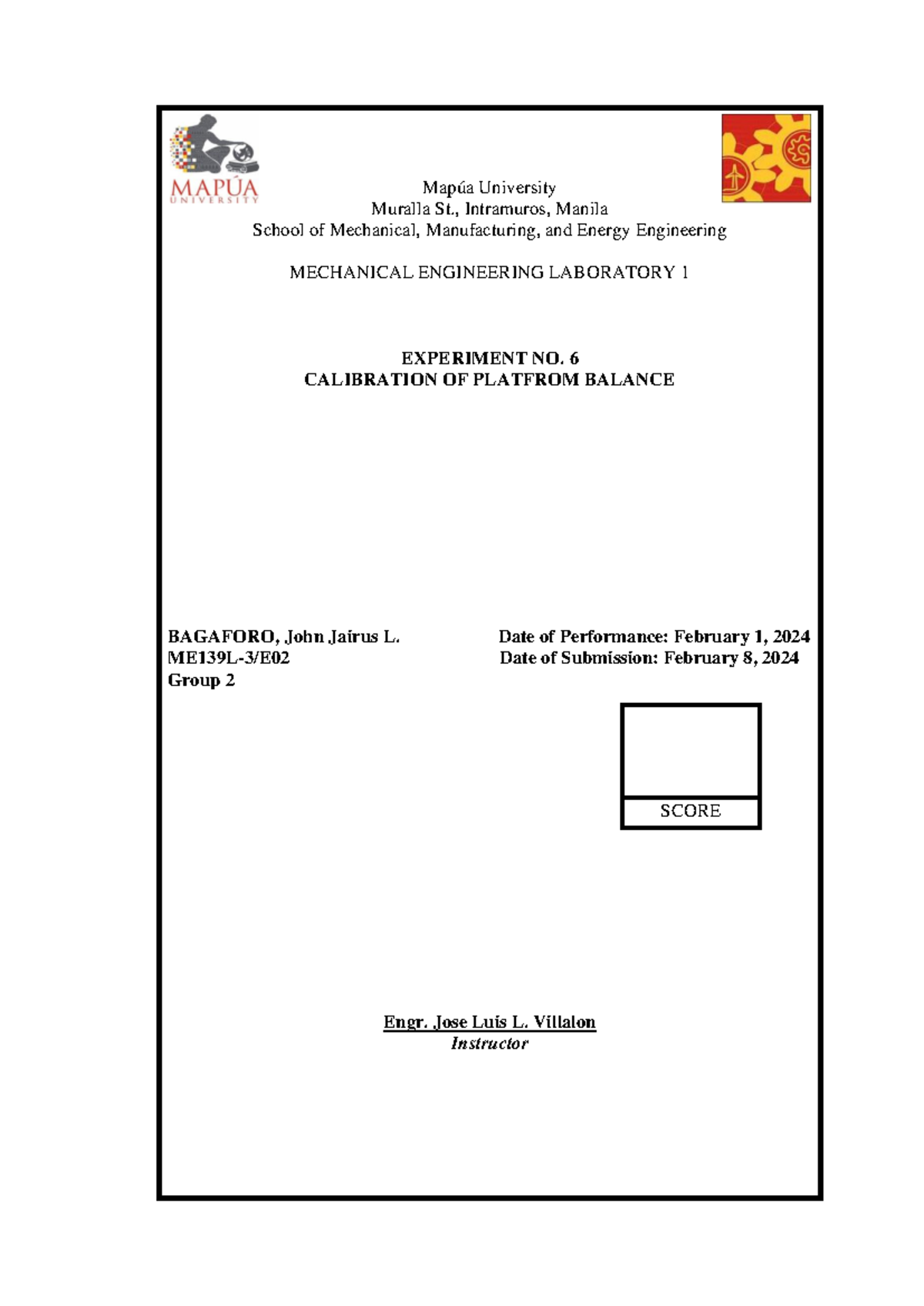 ME139L-3/E02 - EXP6: Calibration of Platform Balance Lab Report - Studocu
