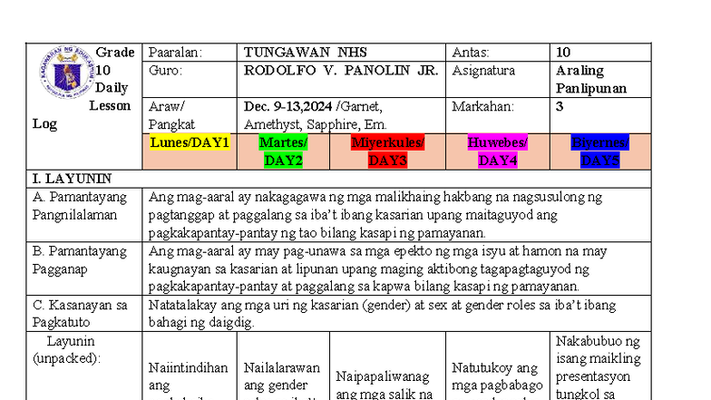 Grade 10 Q3 WK1 - Daily Lesson on Gender Roles and Equality - Studocu