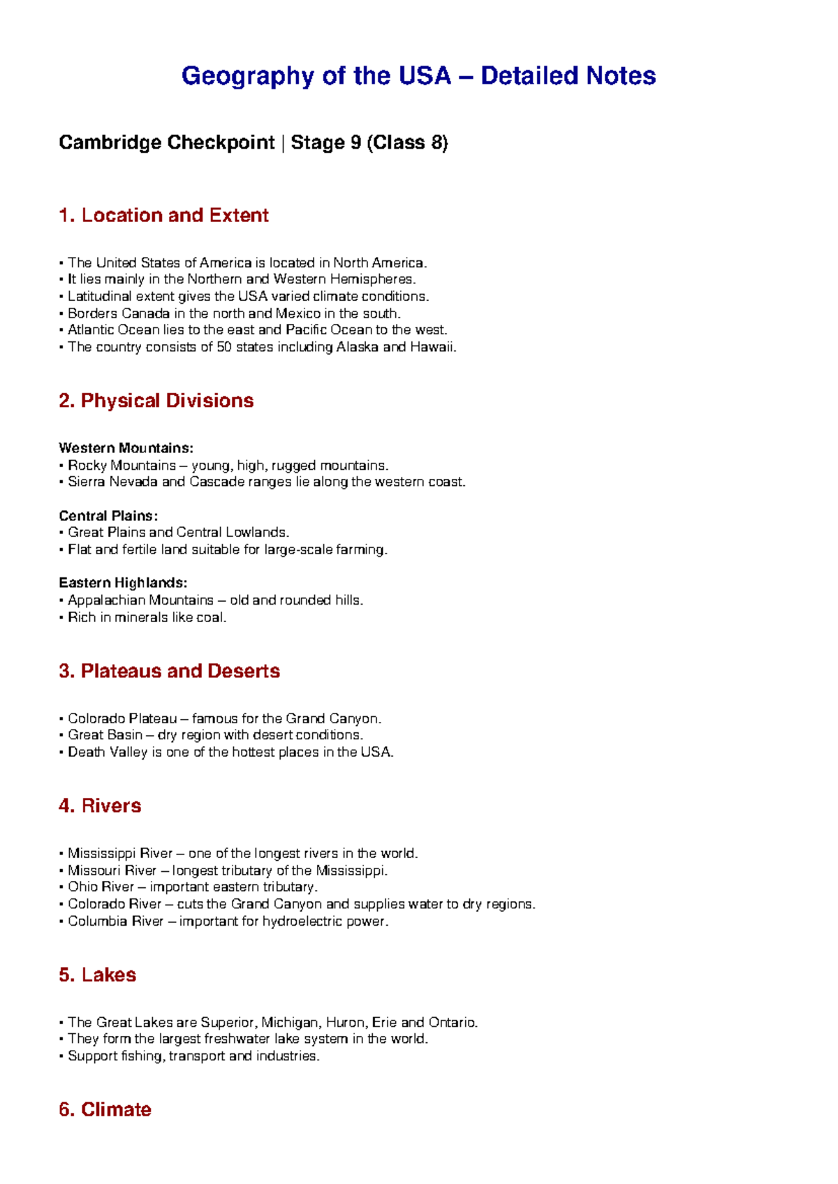 USA Geography Detailed Notes (Checkpoint Stage 9) - Studocu