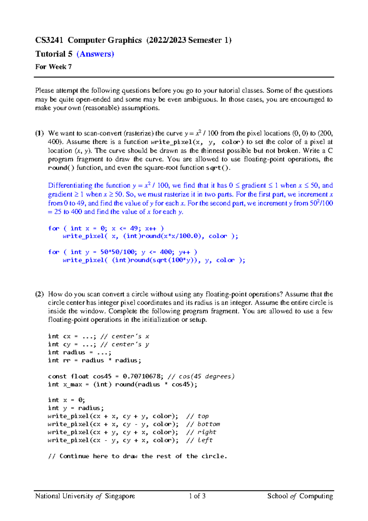 CS3241 Tutorial 5: Week 7 Answers for Computer Graphics - Studocu