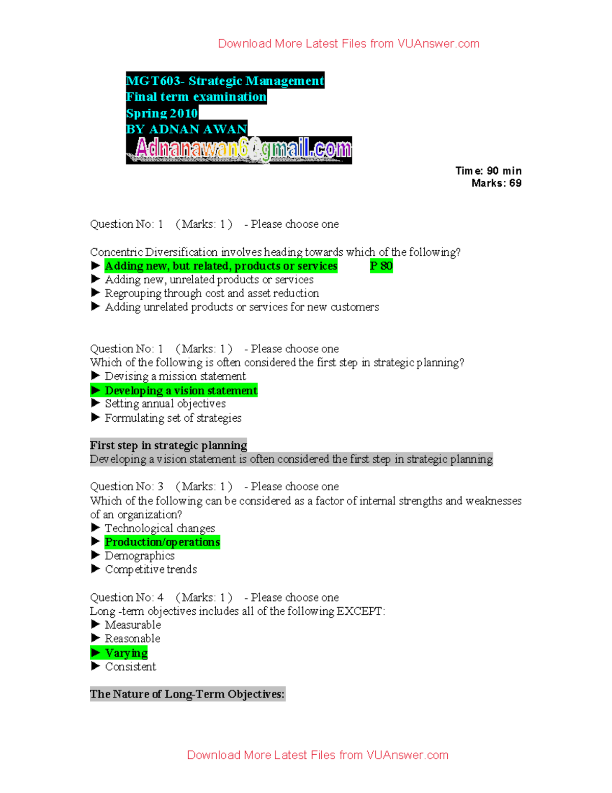 MGT603 8 Final TERM Paper BY Adnan AWAN VUAnswer - MGT603- Strategic ...