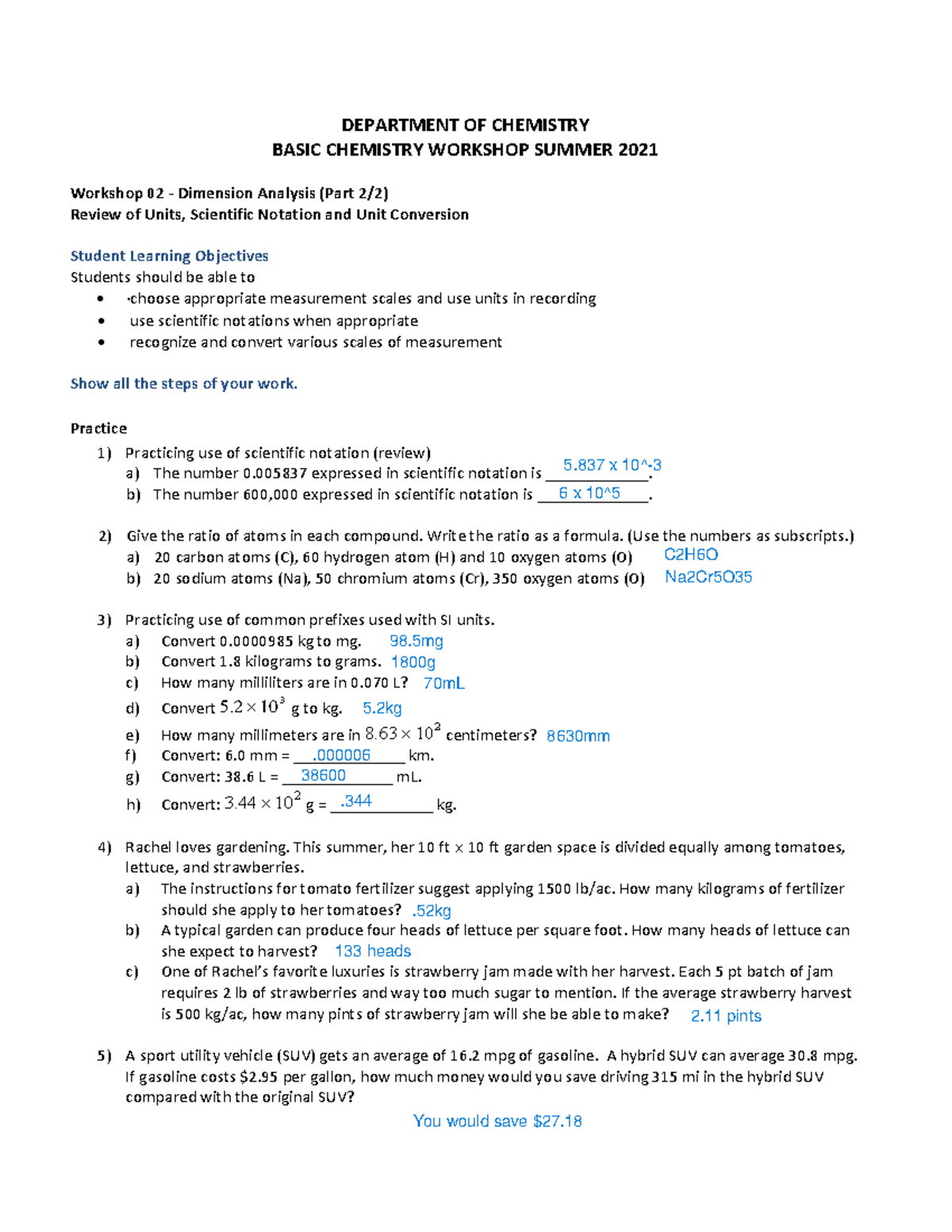 CHEM 101 Basic Chemistry Workshop - Dimension Analysis Practice - Studocu