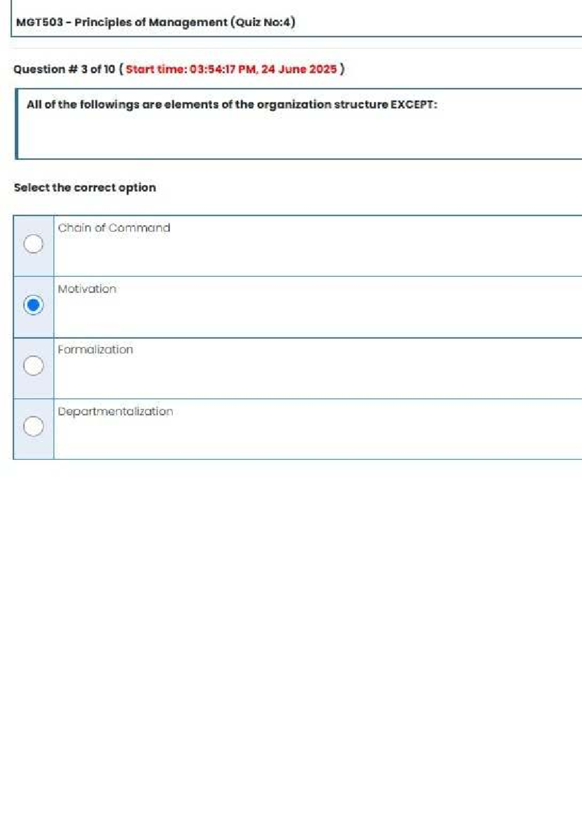 MGT503 Principles of Management (Quiz No: 4) - Questions & Answers ...