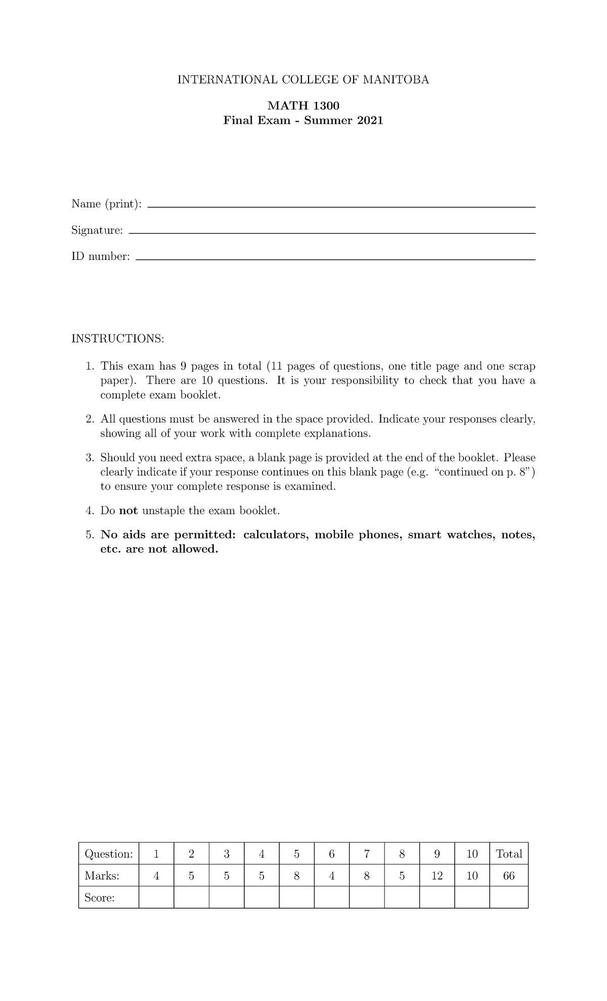 MATH 1300 Final Exam Version B - Summer 2021 - Studocu