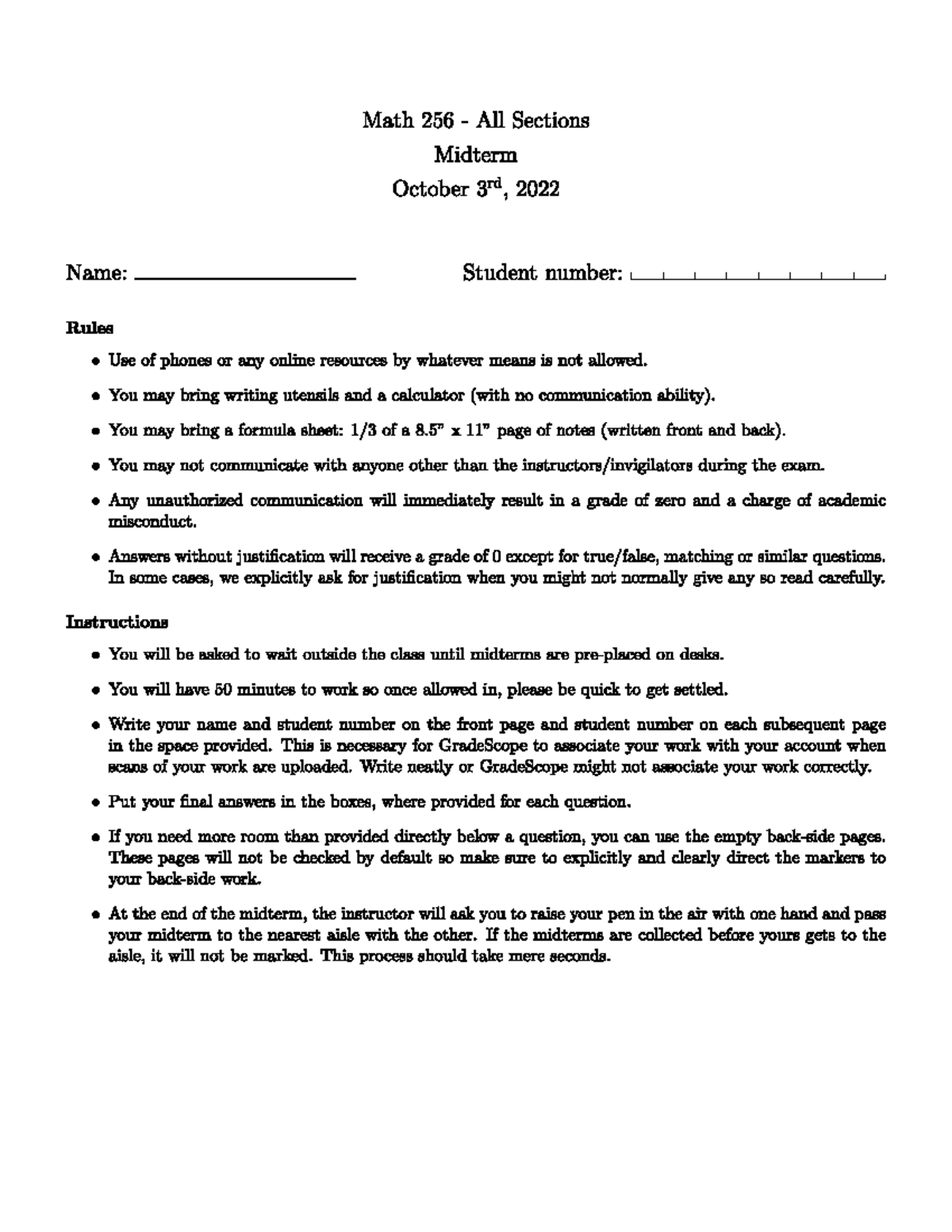 256 Midterm 1 Solutions - 2022 Academic Year Analysis - Studocu