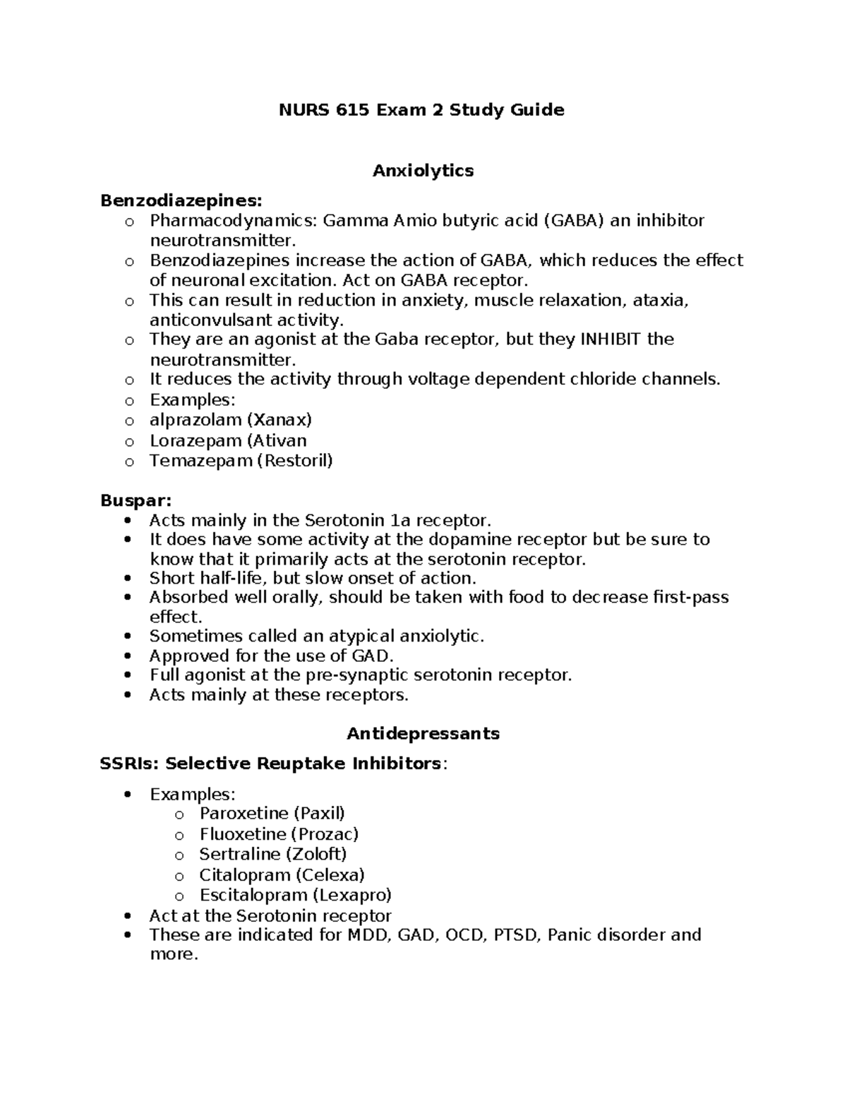 NURS 615 Exam 2 Anxiolytics & Antidepressants Study Guide - Studocu