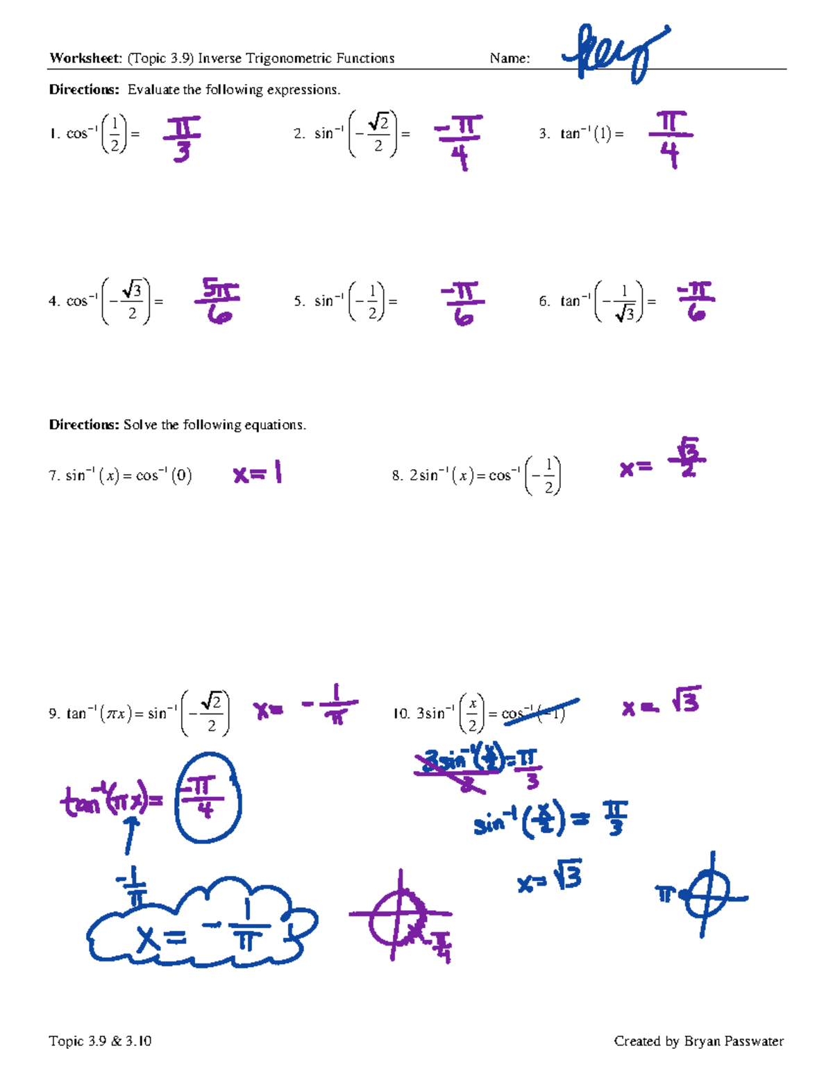 Inverse Trigonometric Functions Worksheet (Topic 3.9) - Studocu