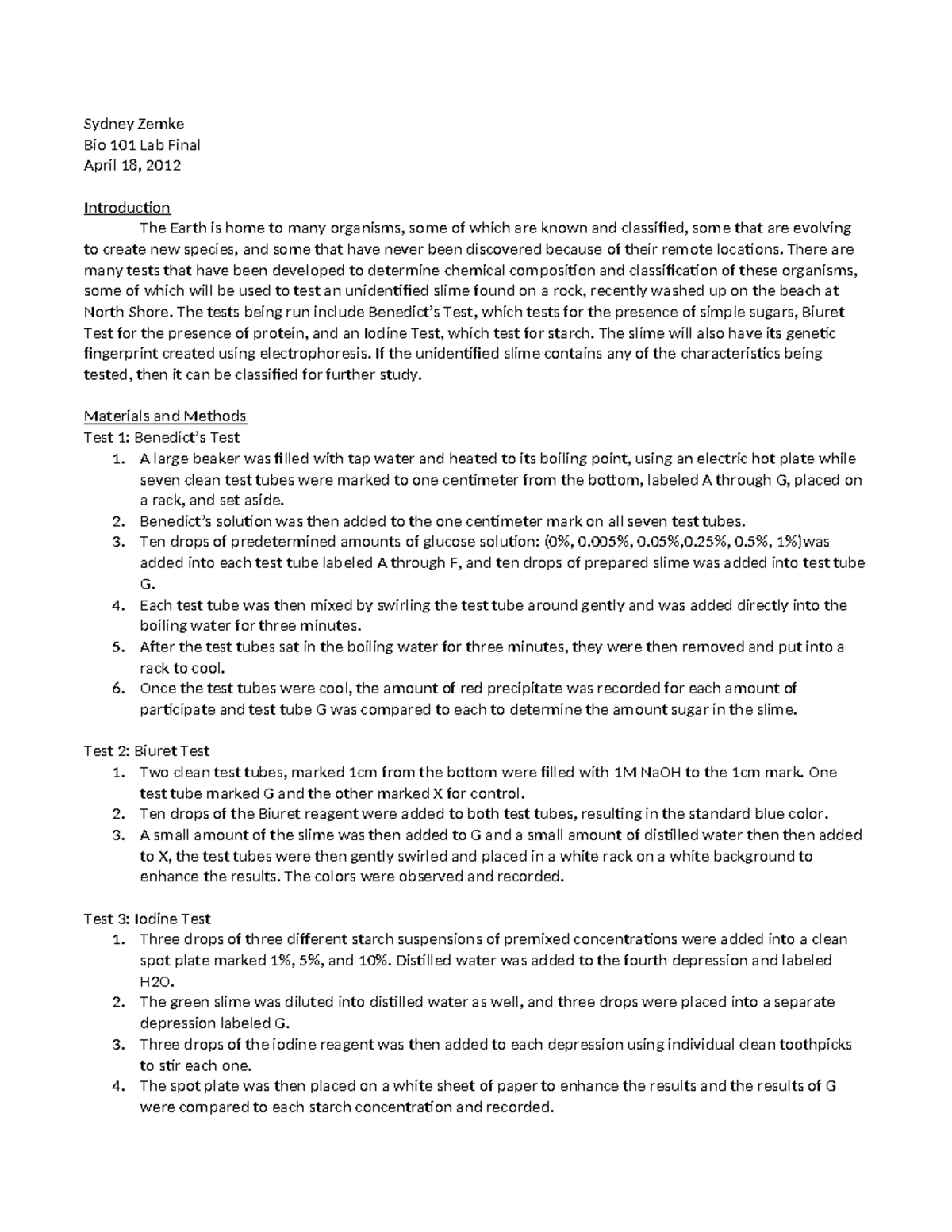 Bio Lab Final - Sydney Zemke Bio 101 Lab Final April 18, 2012 ...