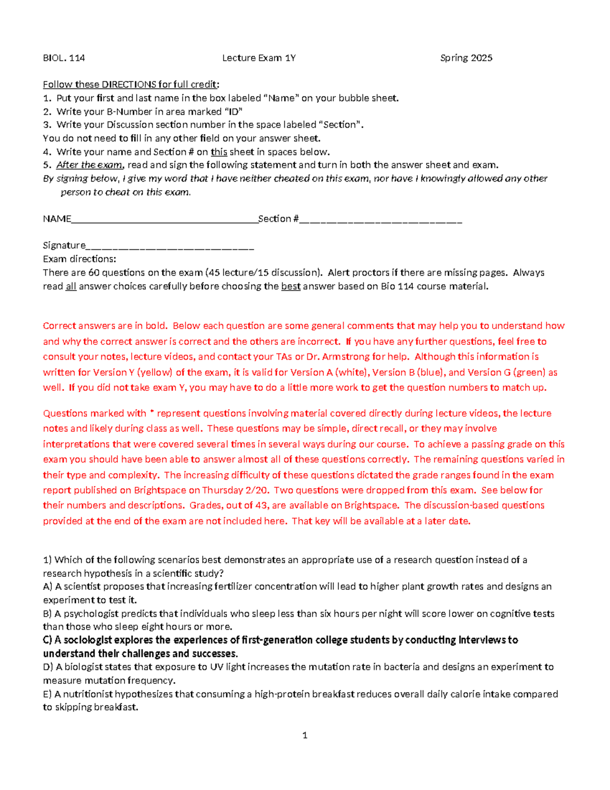 BIOL 114 Lecture Exam 1Y Key - Spring 2025 Review and Directions - Studocu