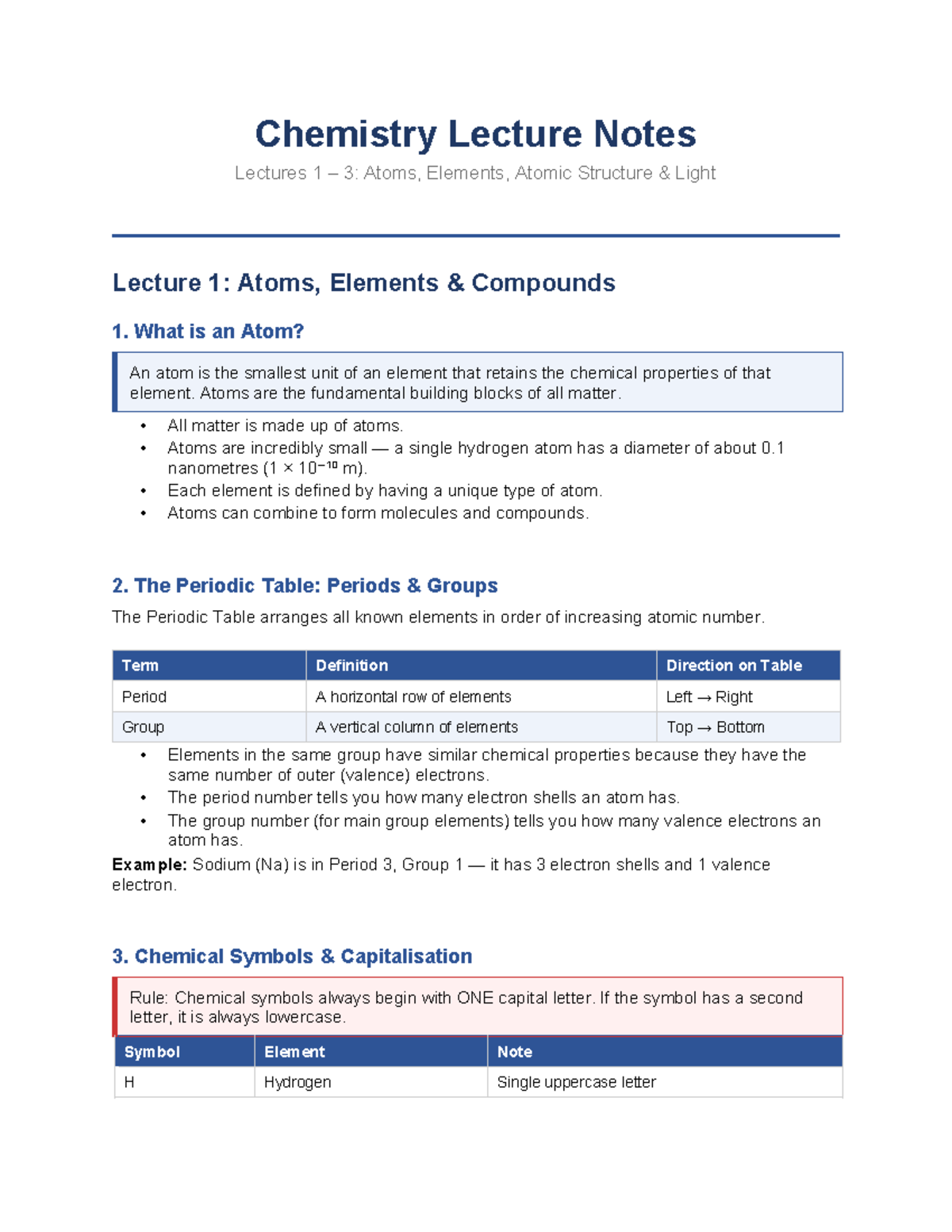 Chemistry Lecture Notes (CHEM101): Atoms, Elements, and Atomic ...