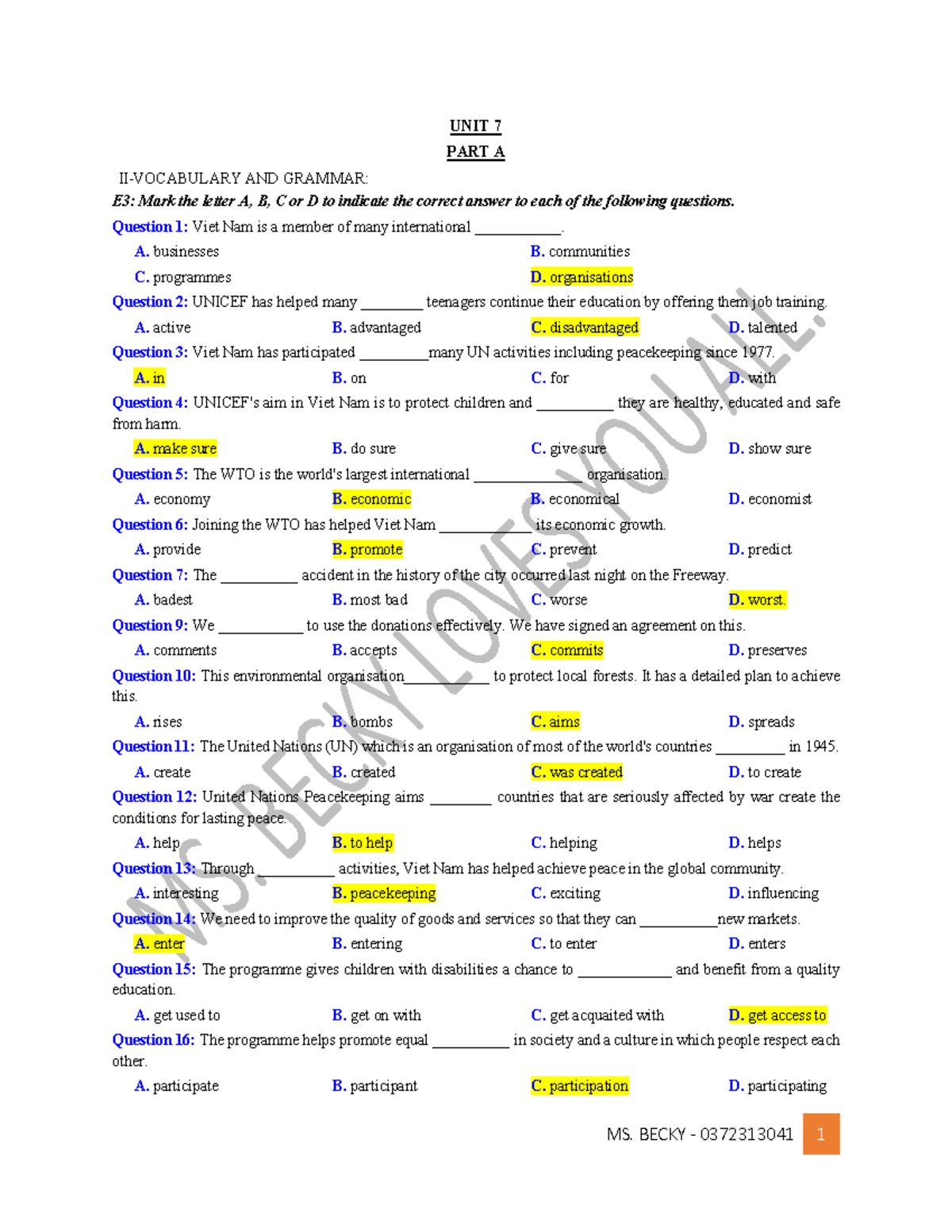 UNIT 7 REVIEW: HK II - Grammar and Vocabulary Exercises - Studocu