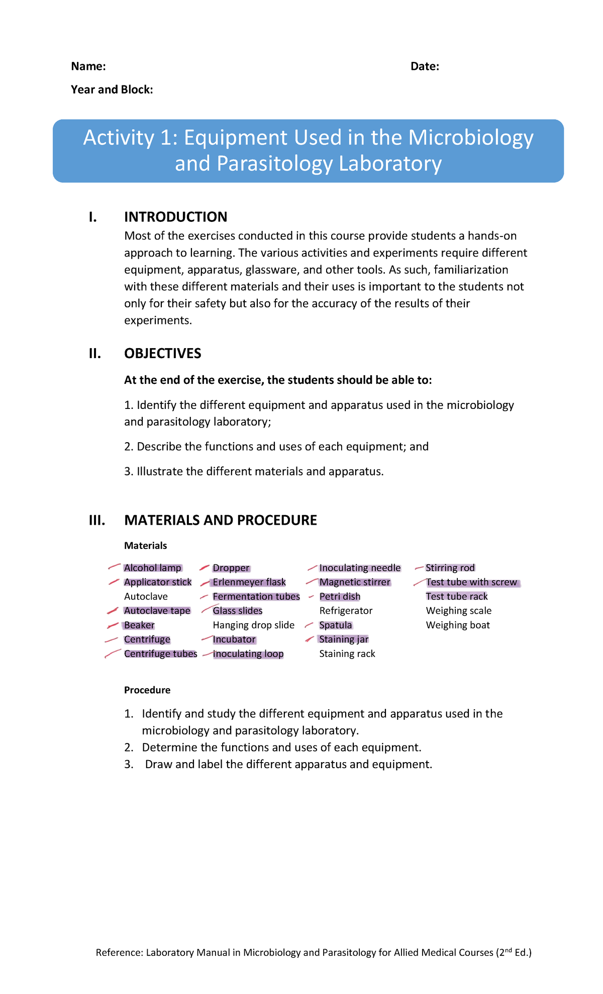 Microbiology & Parasitology Lab Equipment Overview (Activity 1) - Studocu