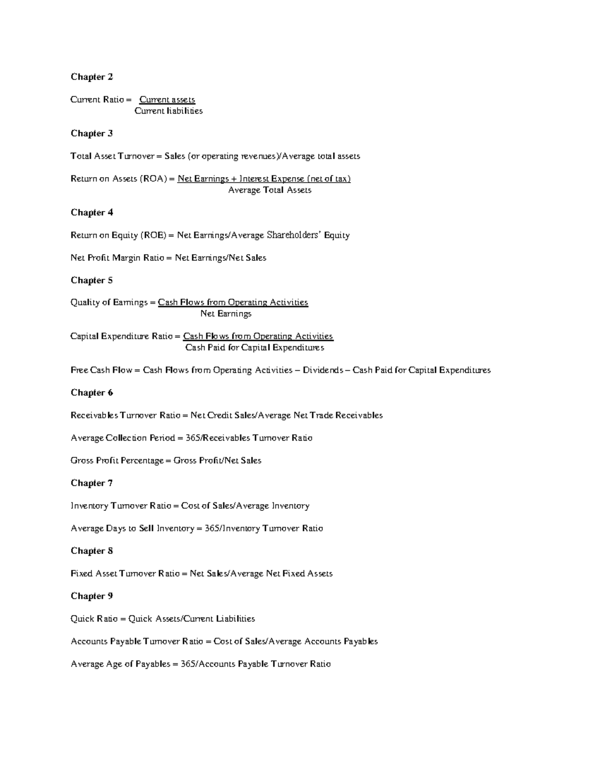 Ratios - notes - Chapter 2 Current Ratio = Current assets Current ...
