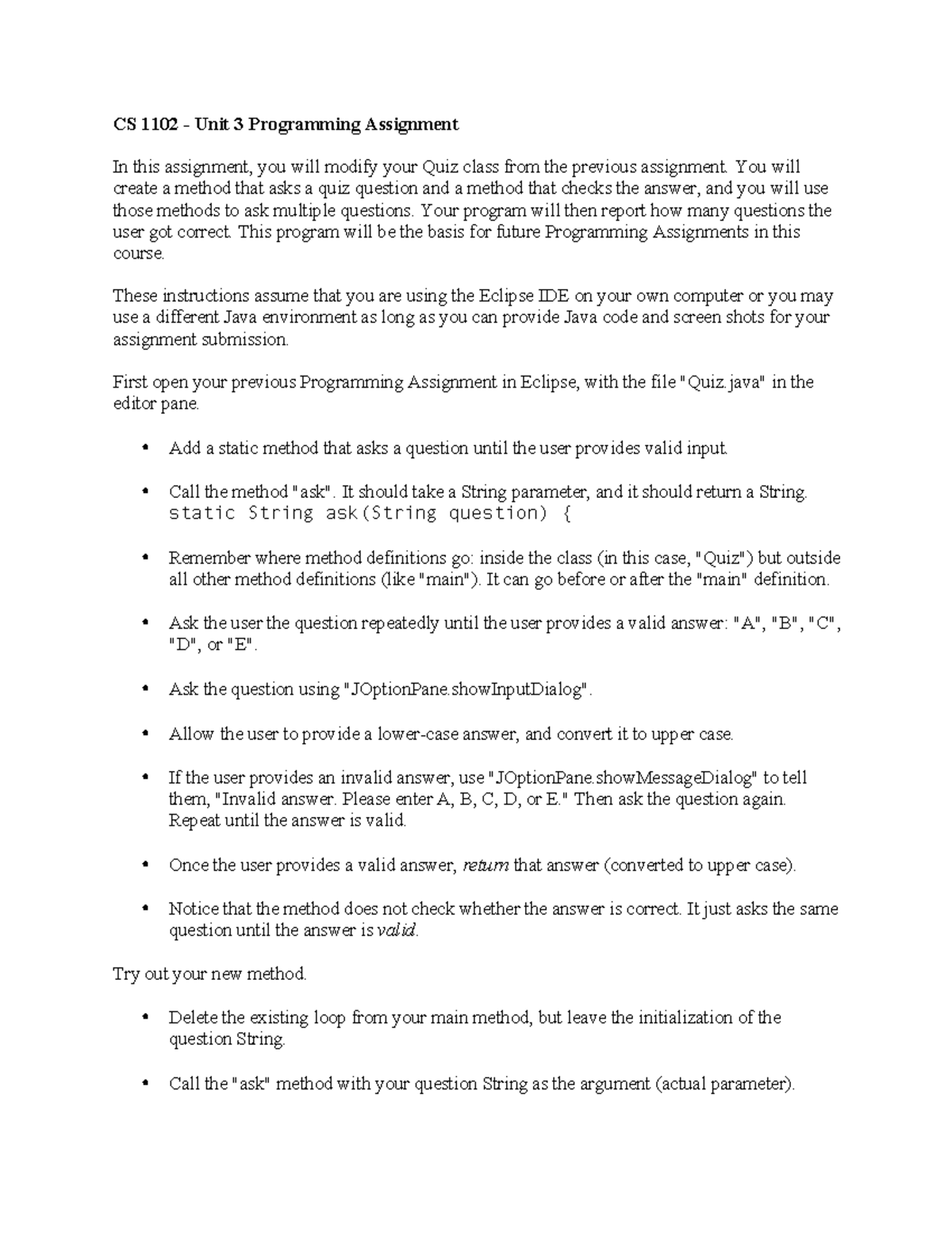 CS 1102 – Unit 3 Programming Assignment: Quiz Class Development - Studocu