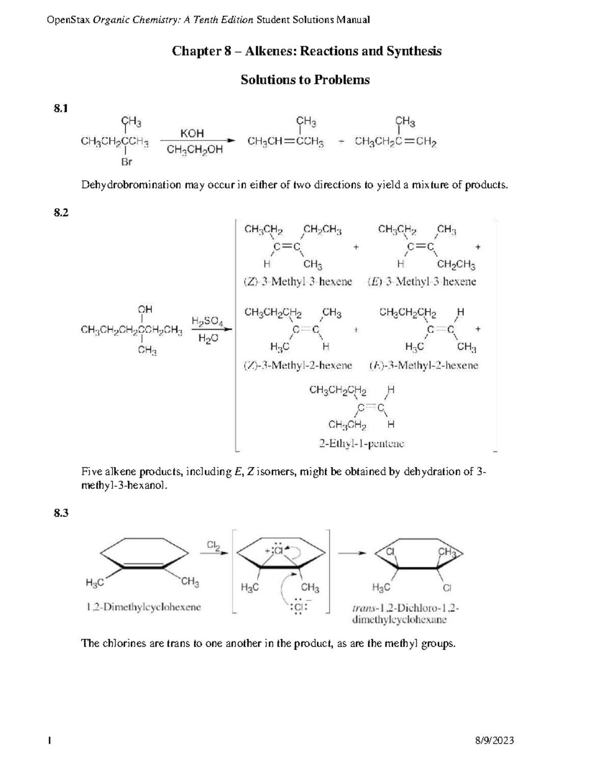 OpenStax Organic Chemistry 10e: Student Solutions Manual Chapter 8 ...