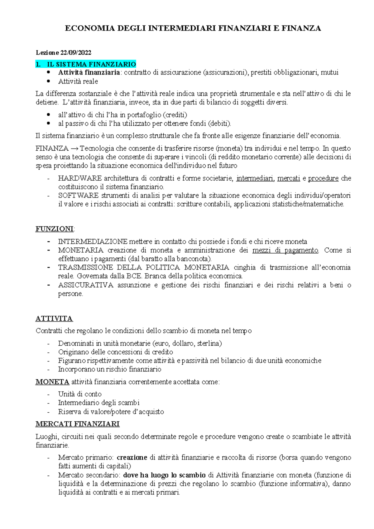 Lezione di Economia degli Intermediari Finanziari e Finanza - 22/09 e ...