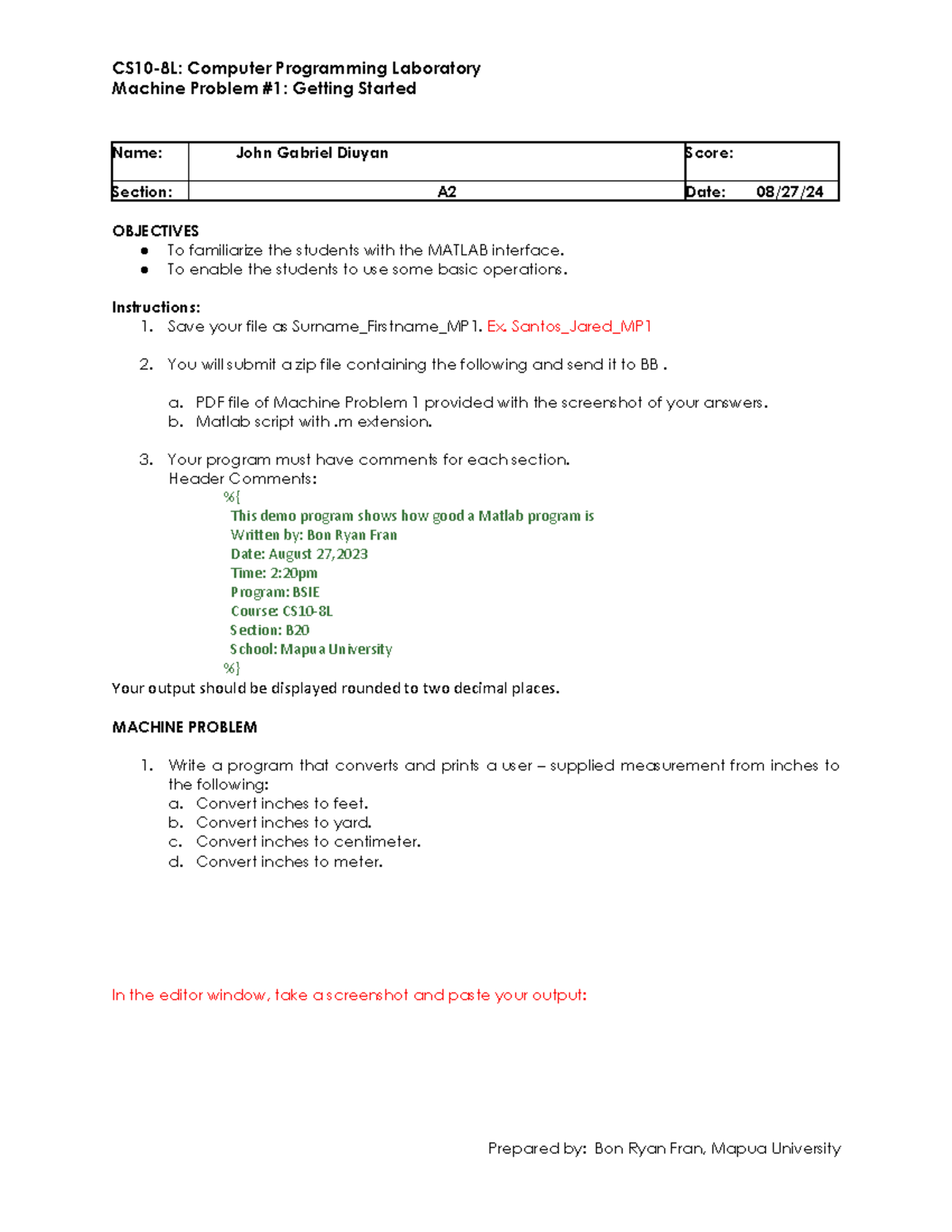 Machine Problem 1 - CS10-8L: Computer Programming Laboratory Machine ...