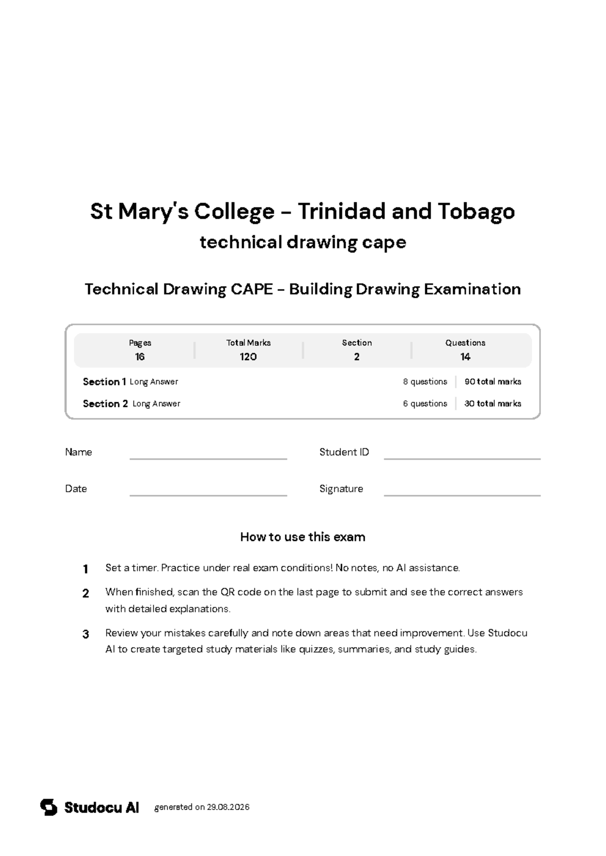 CAPE Technical Drawing - Building Drawing Exam - Studocu