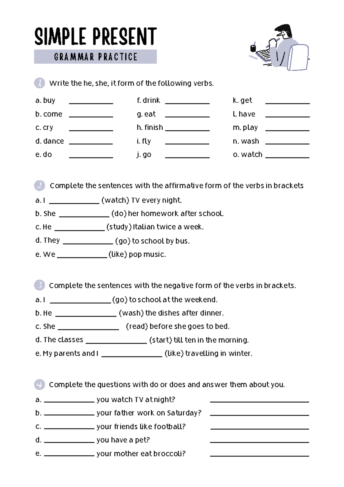 Simple Present Grammar Worksheet In Lavender Simple Style - SIMPLE ...