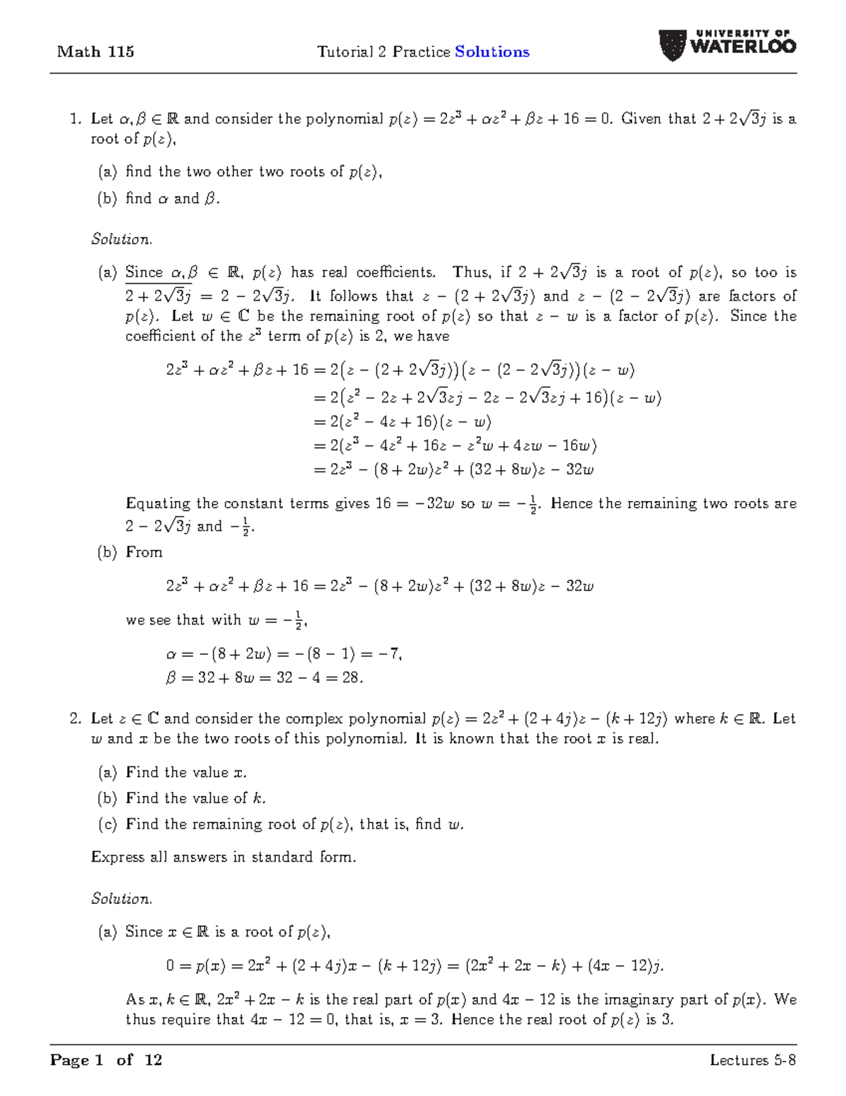 Math 115 F23 Tut2 Practice Solutions: Roots, Vectors, and Geometry ...