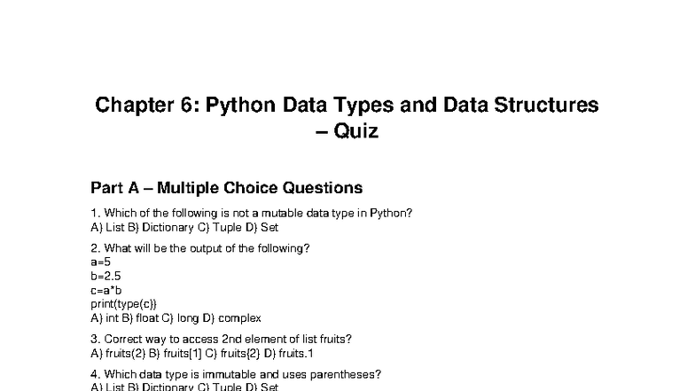 CSE IOT 2023: Chapter 6 Python Data Types Quiz Part A & B - Studocu