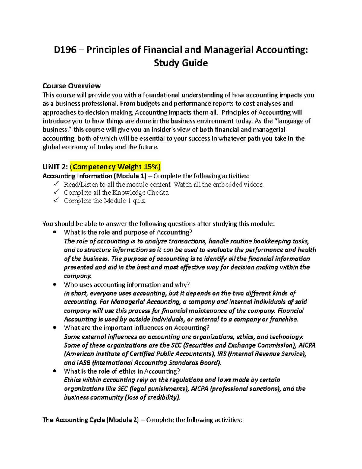 D196 Study Guide: Principles of Financial & Managerial Accounting - Studocu