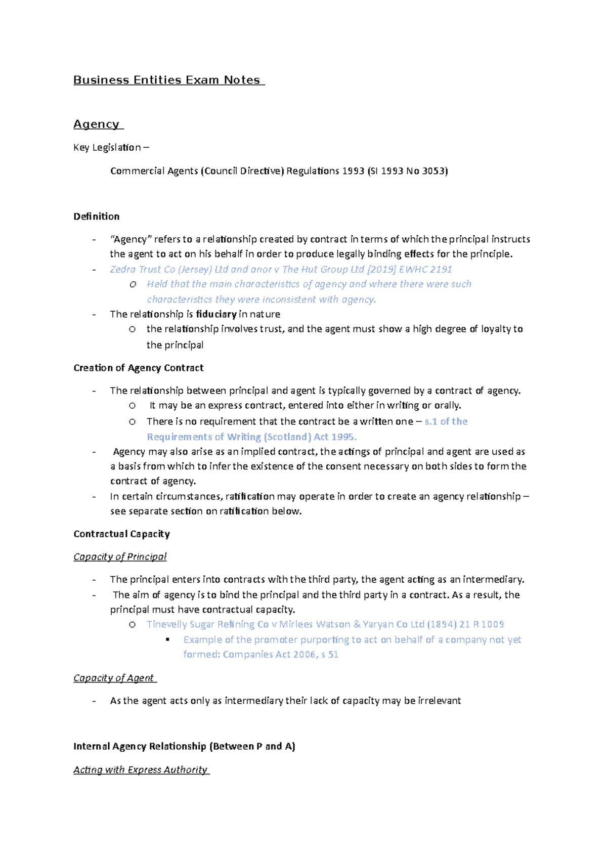 Business Entities (LAW 301) Final Exam Notes on Agency Law - Studocu