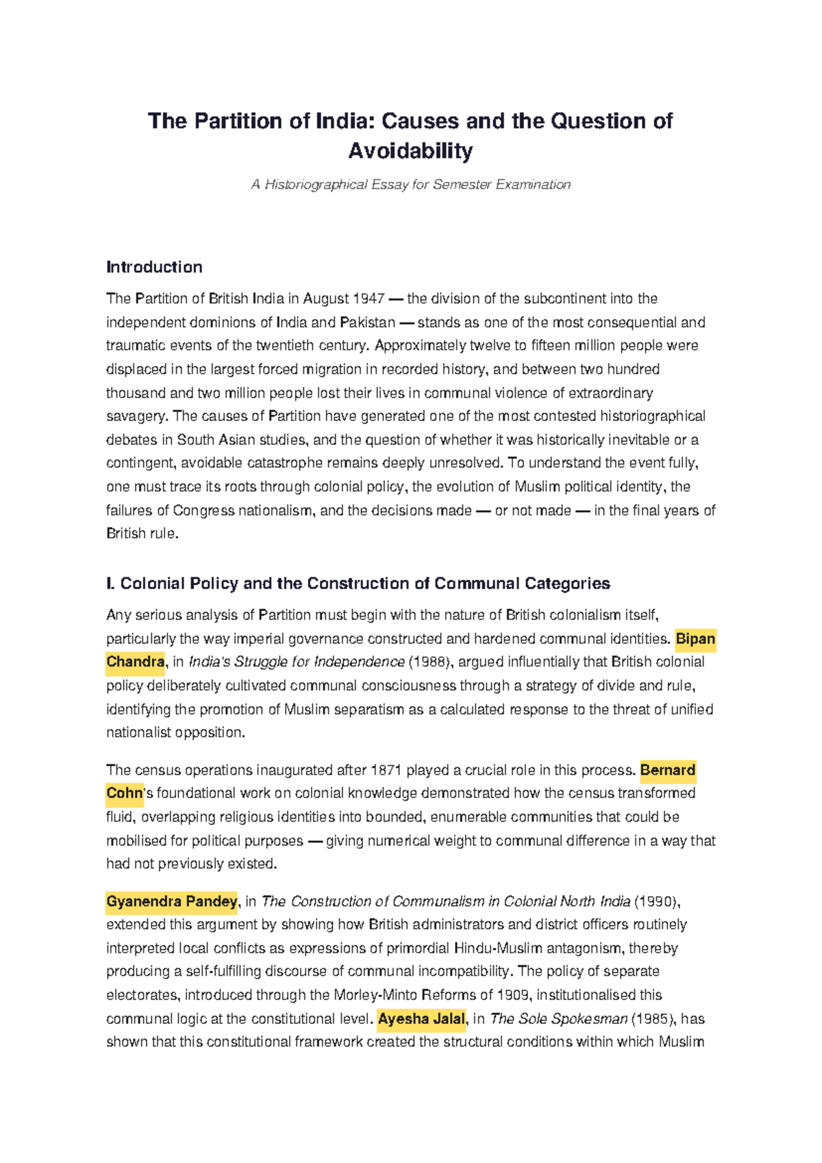 Historiographical Essay on the Partition of India: Causes ...