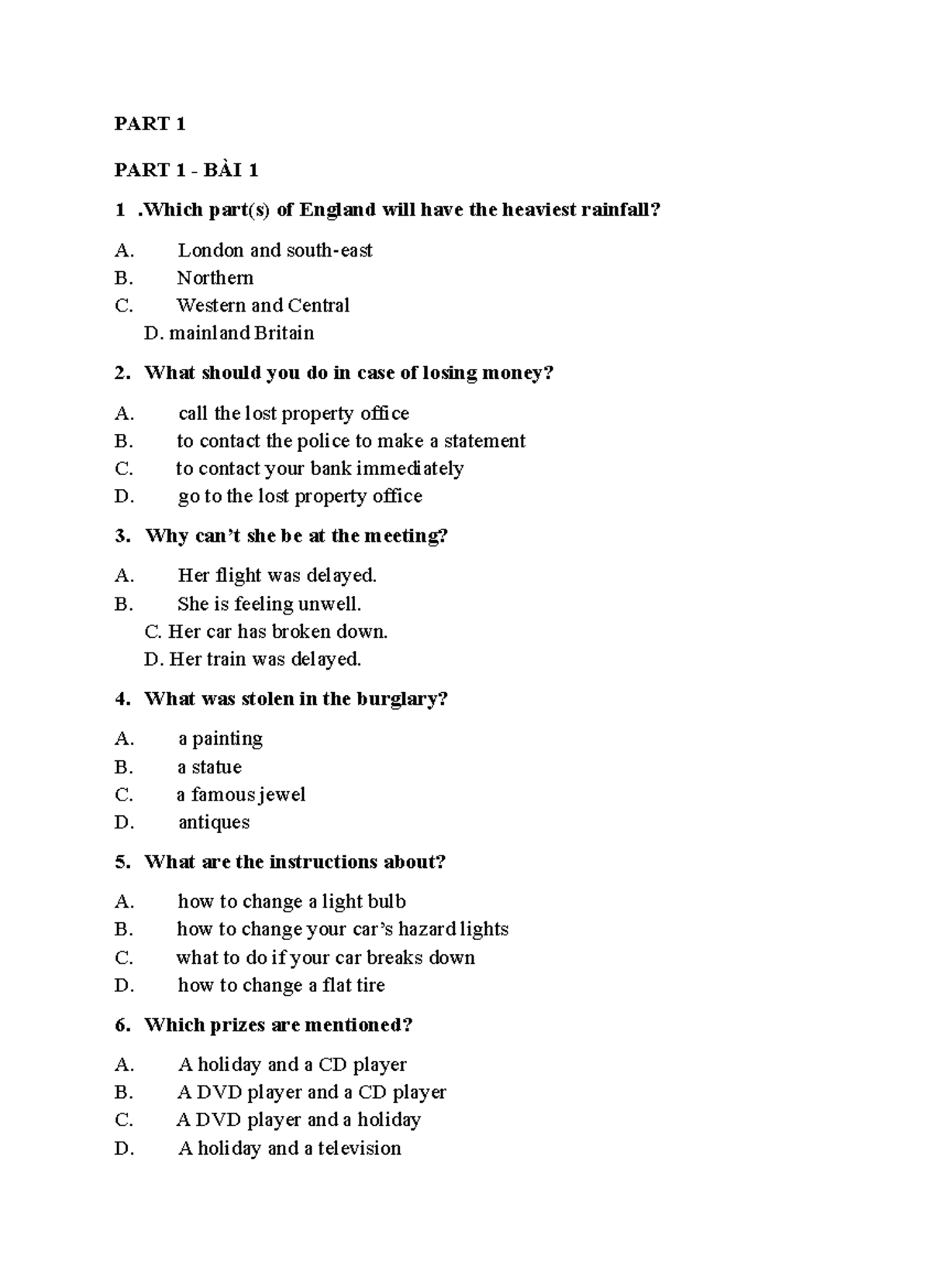 PART 1 & 2 BÀI 1-15: Listening Comprehension Exercises - Studocu