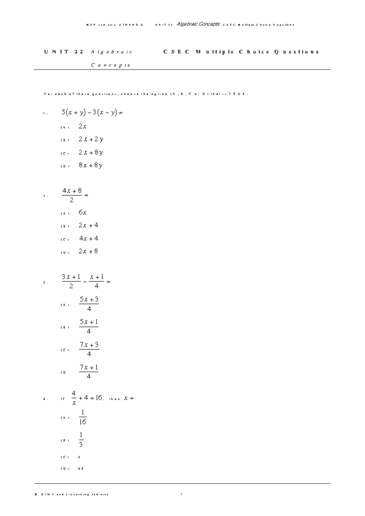 Csecmultiplechoice - algebraic concepts - UNIT 22 Algebraic CSEC ...