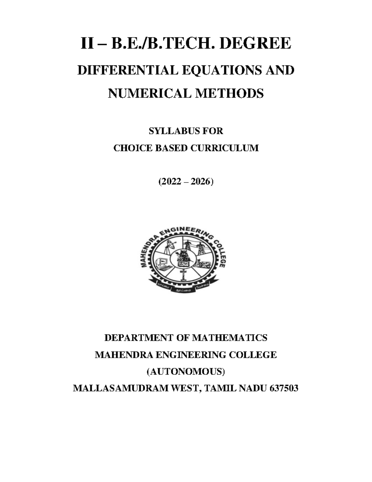 22MA Differential Equations & Numerical Methods Syllabus (2022-2026 ...