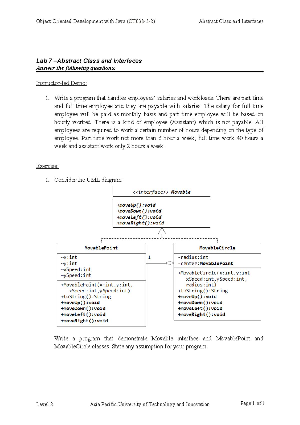 Lab 7: Java OOP with Abstract Classes & Interfaces - Tutorial - Studocu