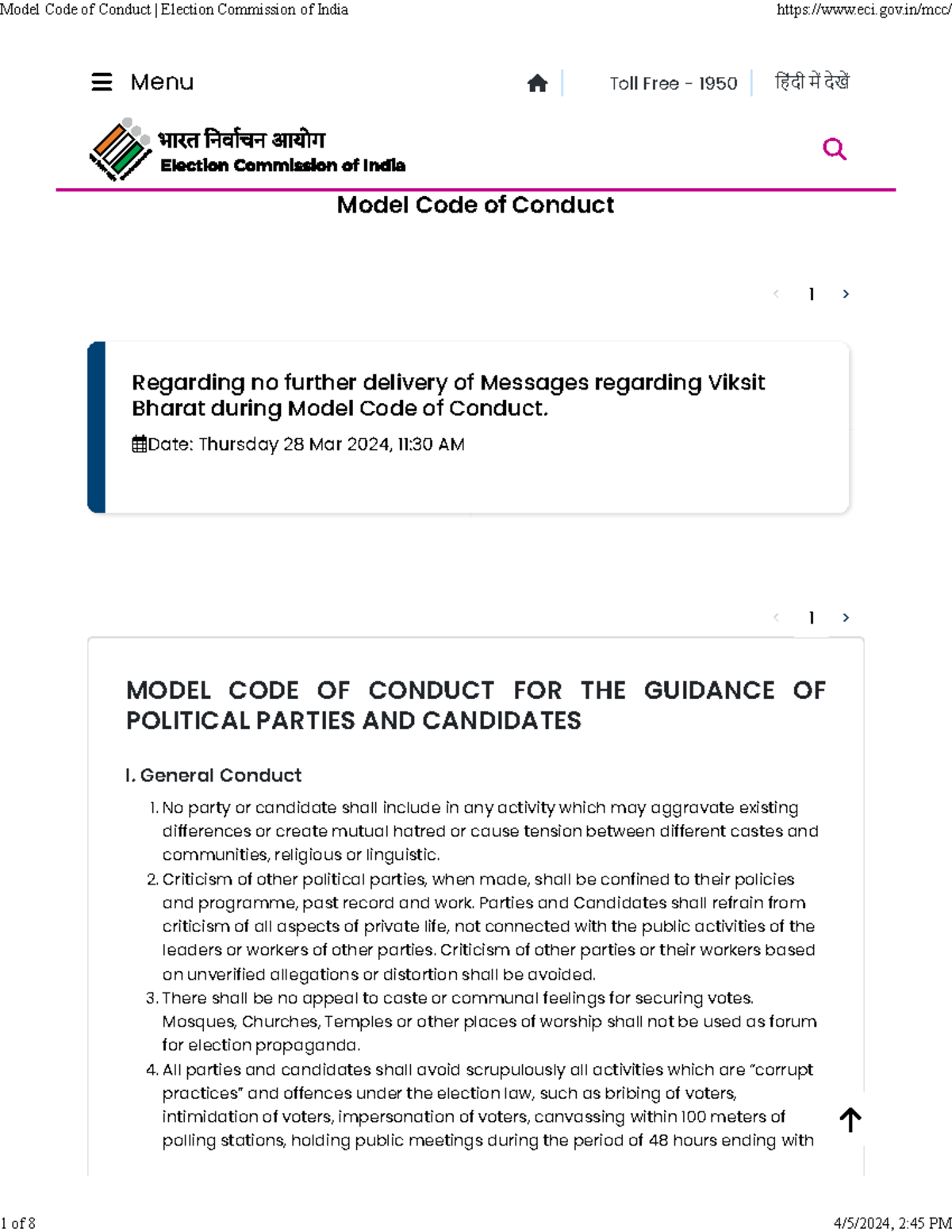 Model Code of Conduct Election Commission of India - िहंदी म देख Menu ...
