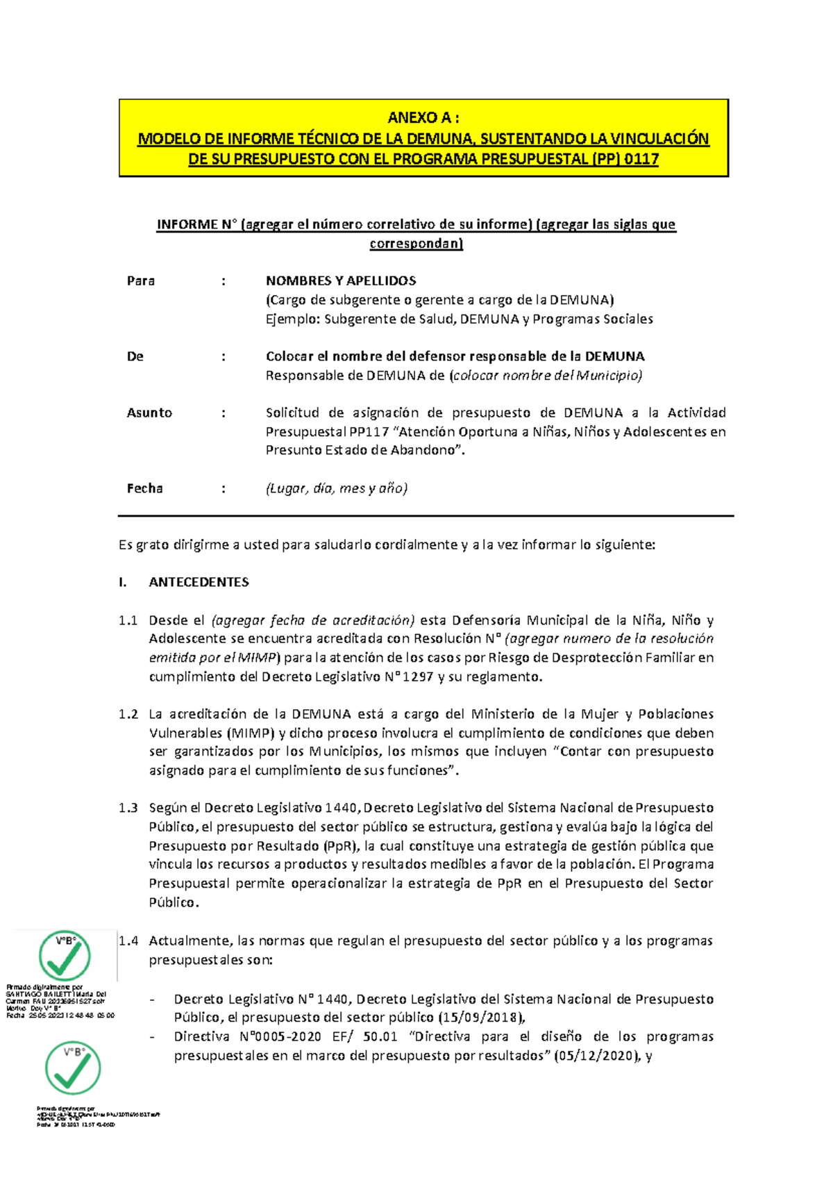 Modelo de Informe Técnico DEMUNA - Vinculación Presupuestal PP 0117 - Document Preview