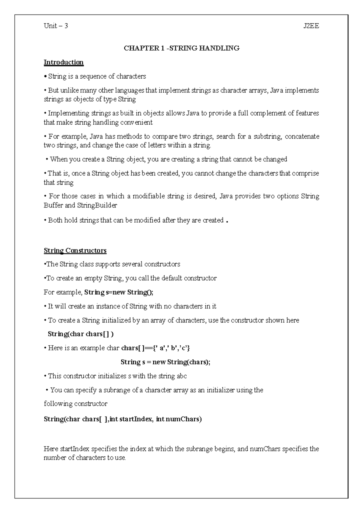 Unit 3 J2EE - Comprehensive Notes on String Handling and Operations ...