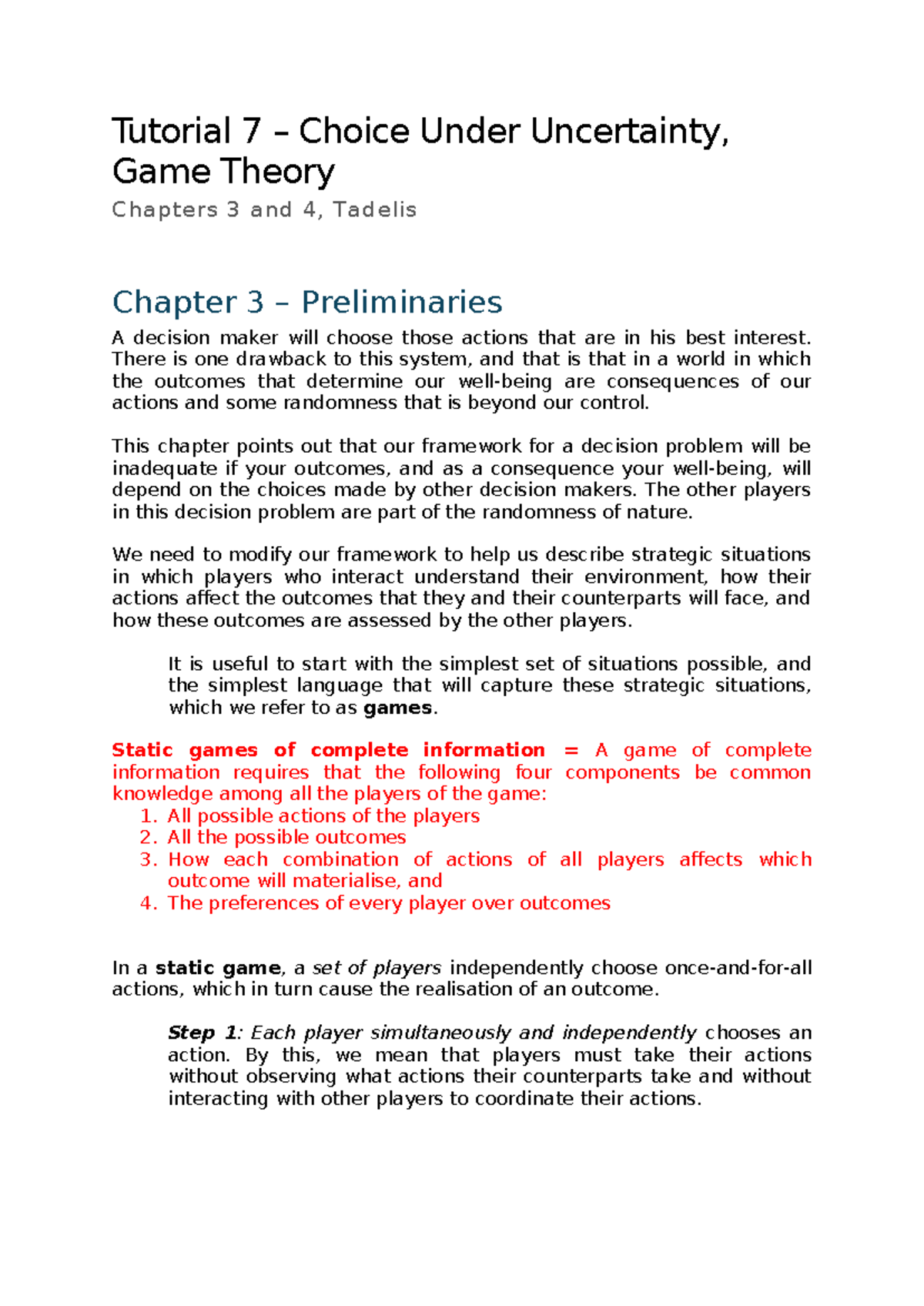 Tutorial 7: Choice Under Uncertainty in Game Theory (Chapters 3 & 4 ...