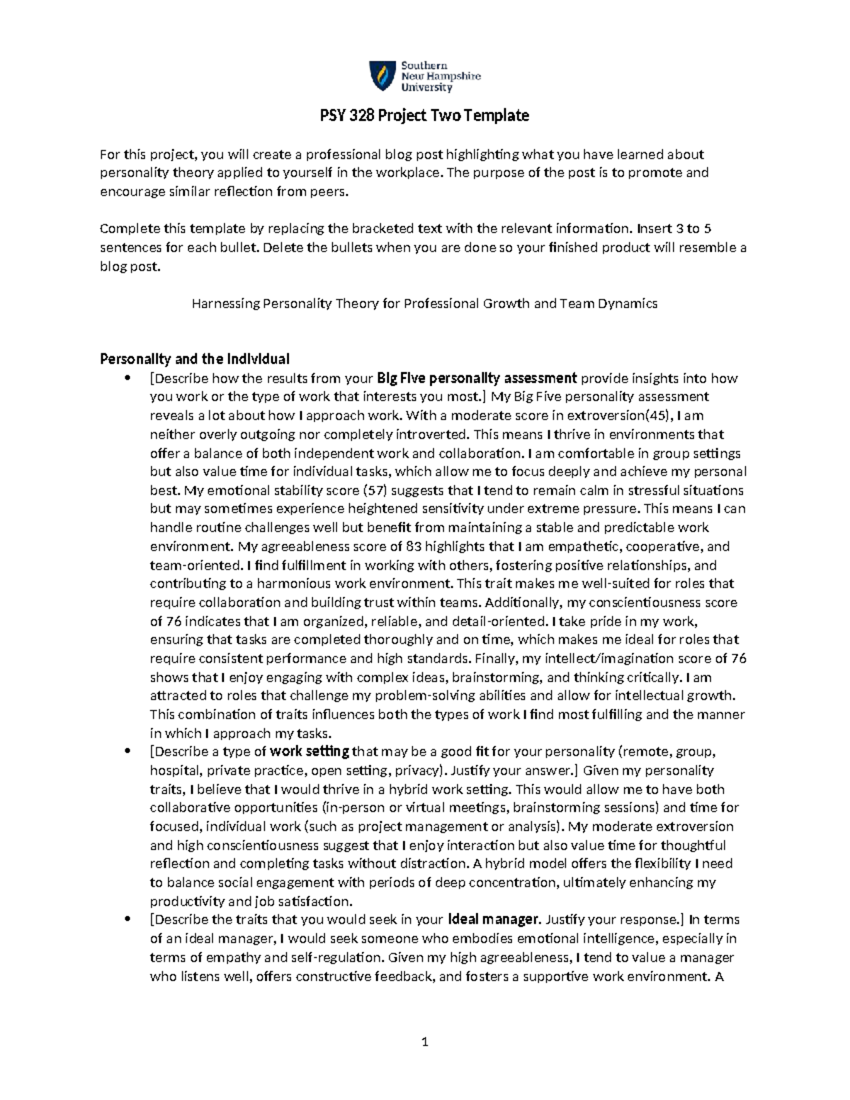 PSY 328 Project Two: Applying Personality Theory in the Workplace - Studocu
